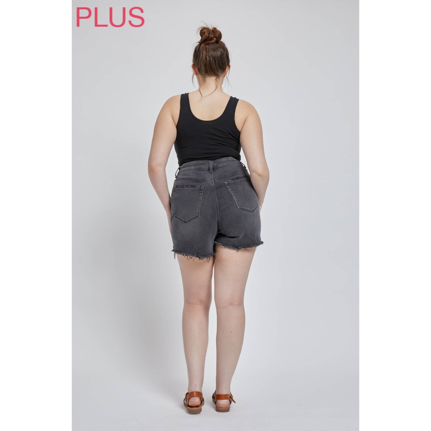 Mica: Curvy High-Rise Distressed Black Shorts