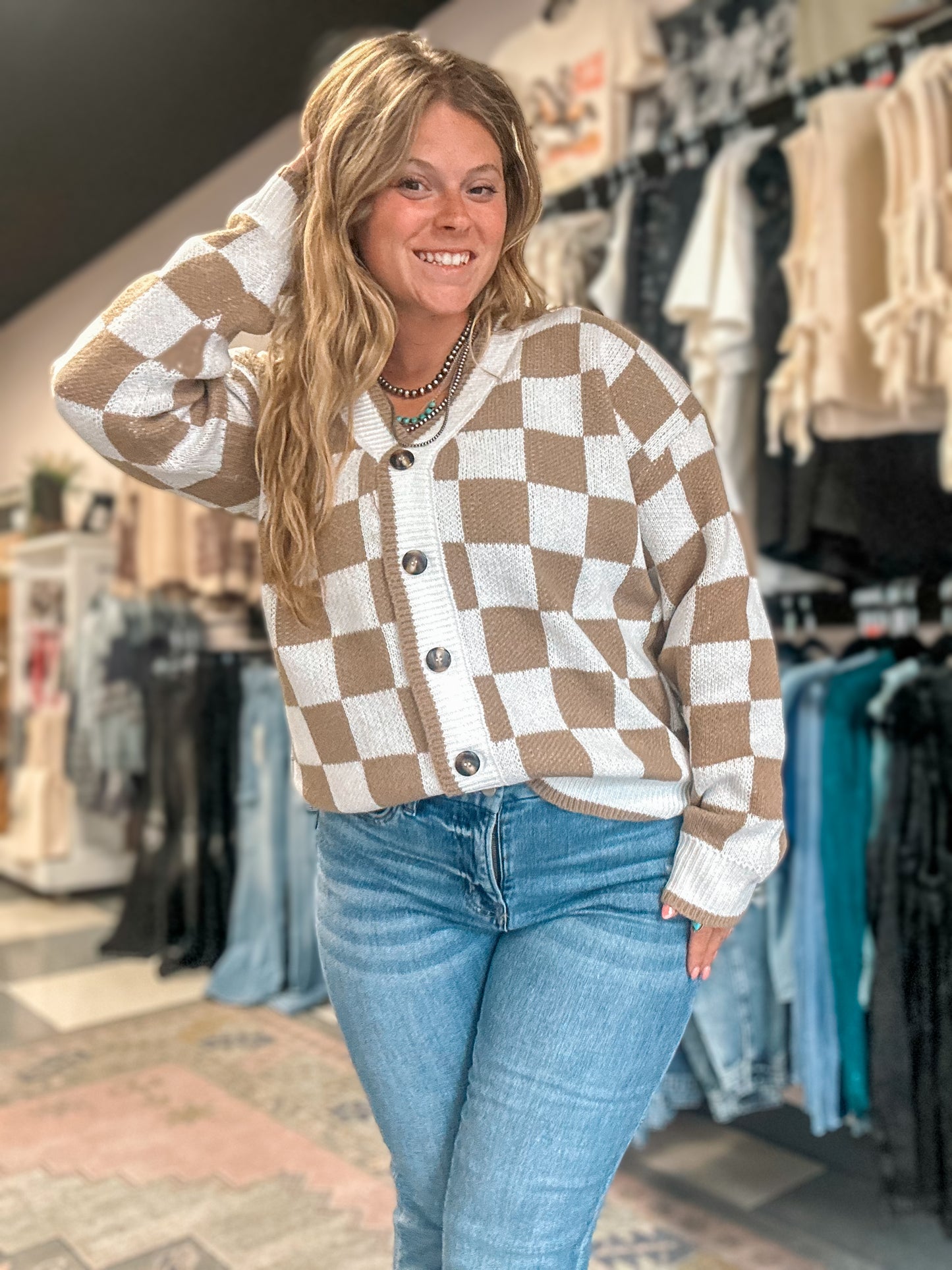 Tan Checkered Print Knitted Sweater