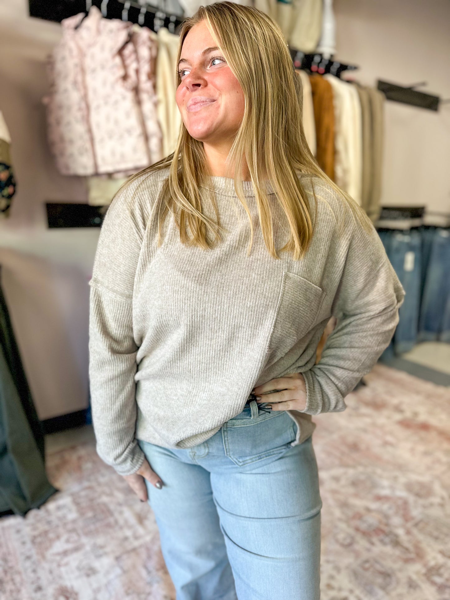 Heather Mocha Ribbed Melange Front Pocket Top