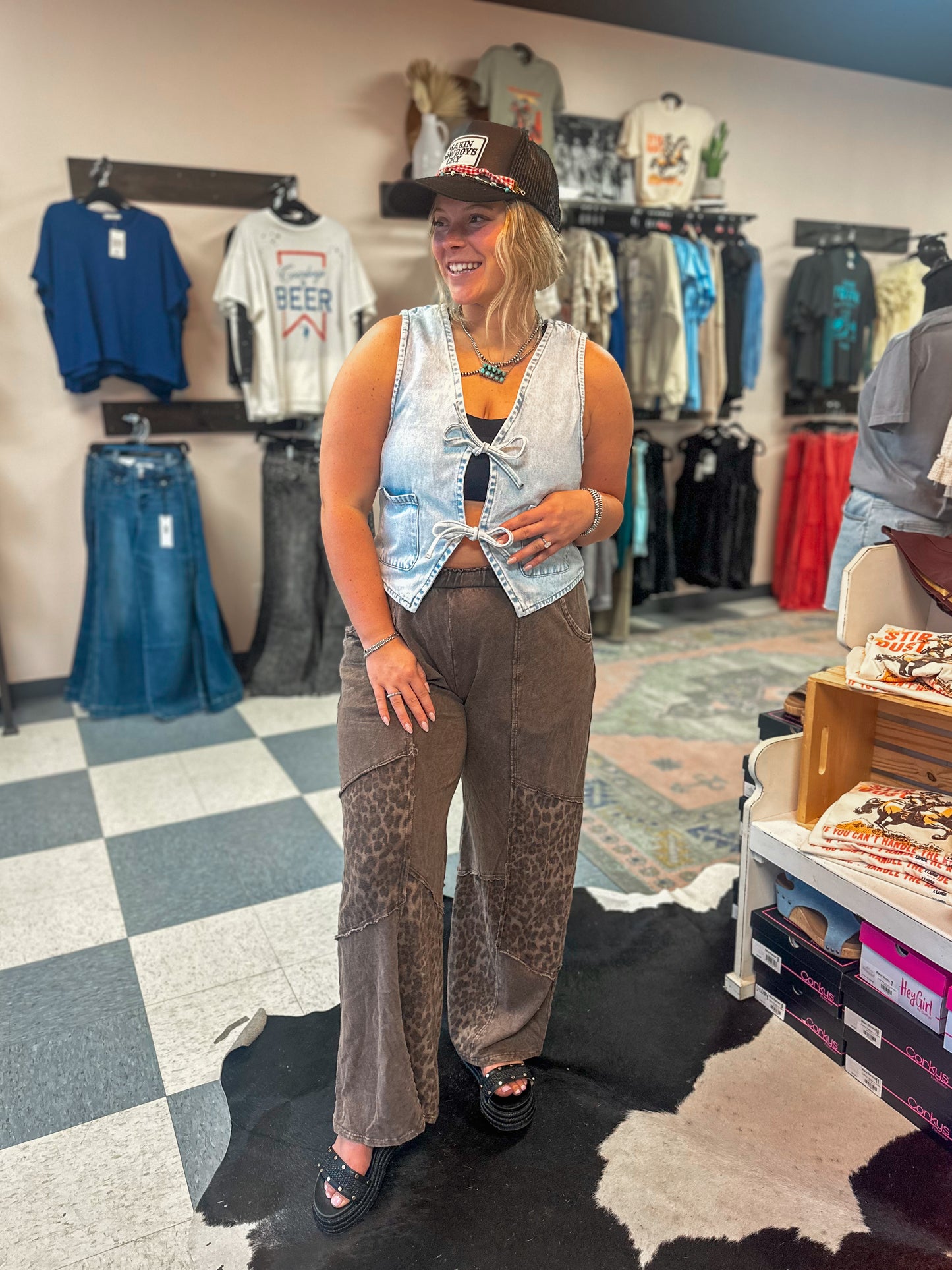 Washed Leopard Patchwork Wide Leg Pants