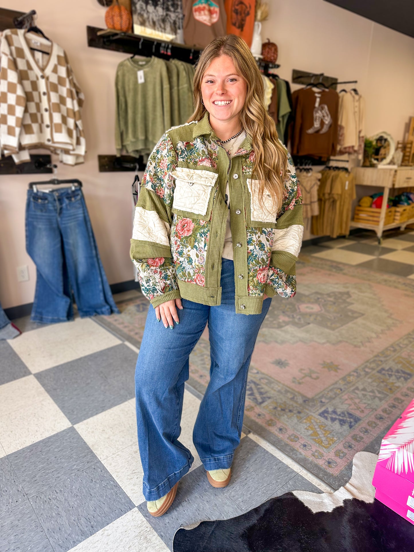 Olive Green Floral Quilted Shacket