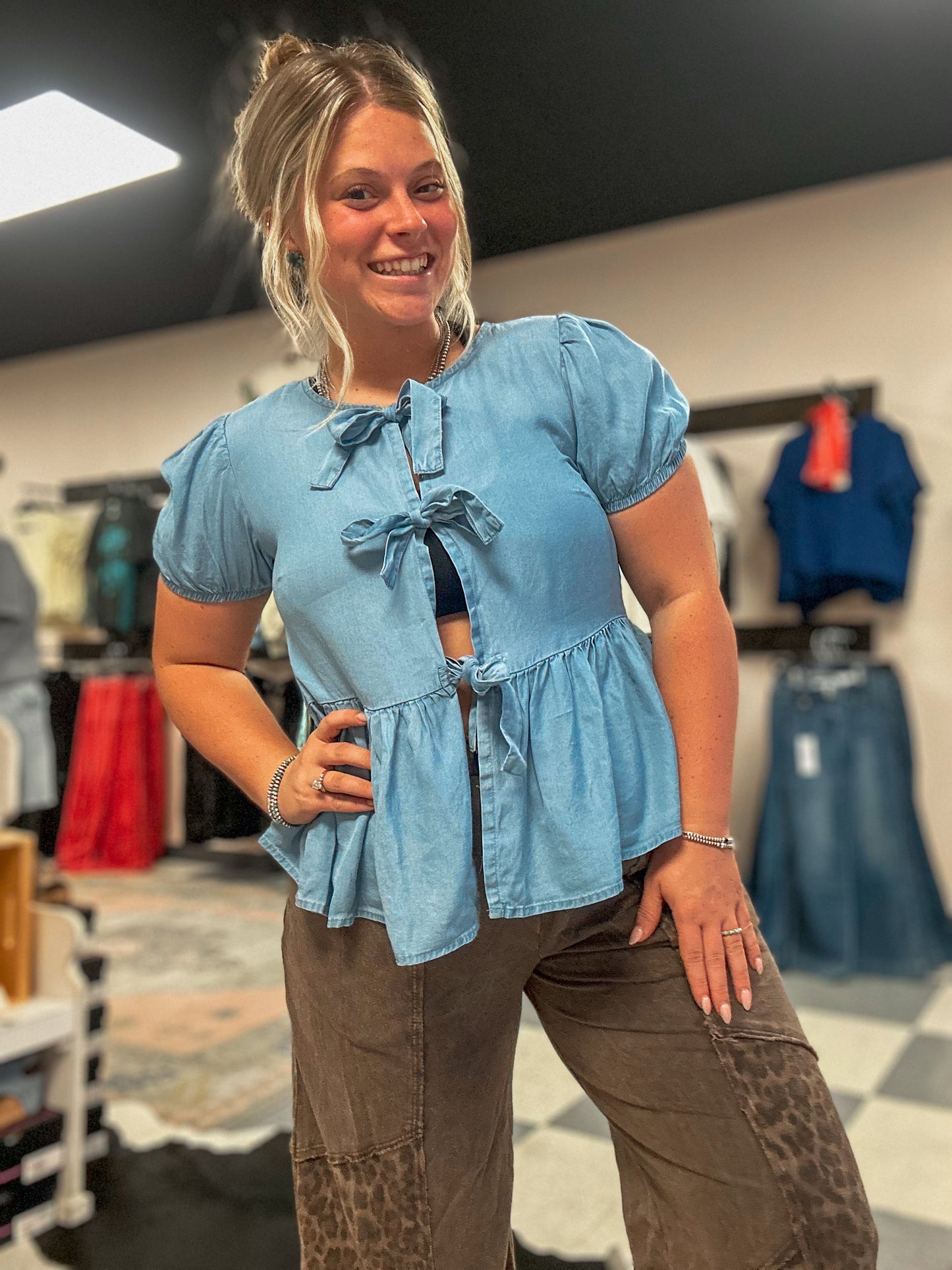 Front Tie Chambray Puff Sleeve Blouse