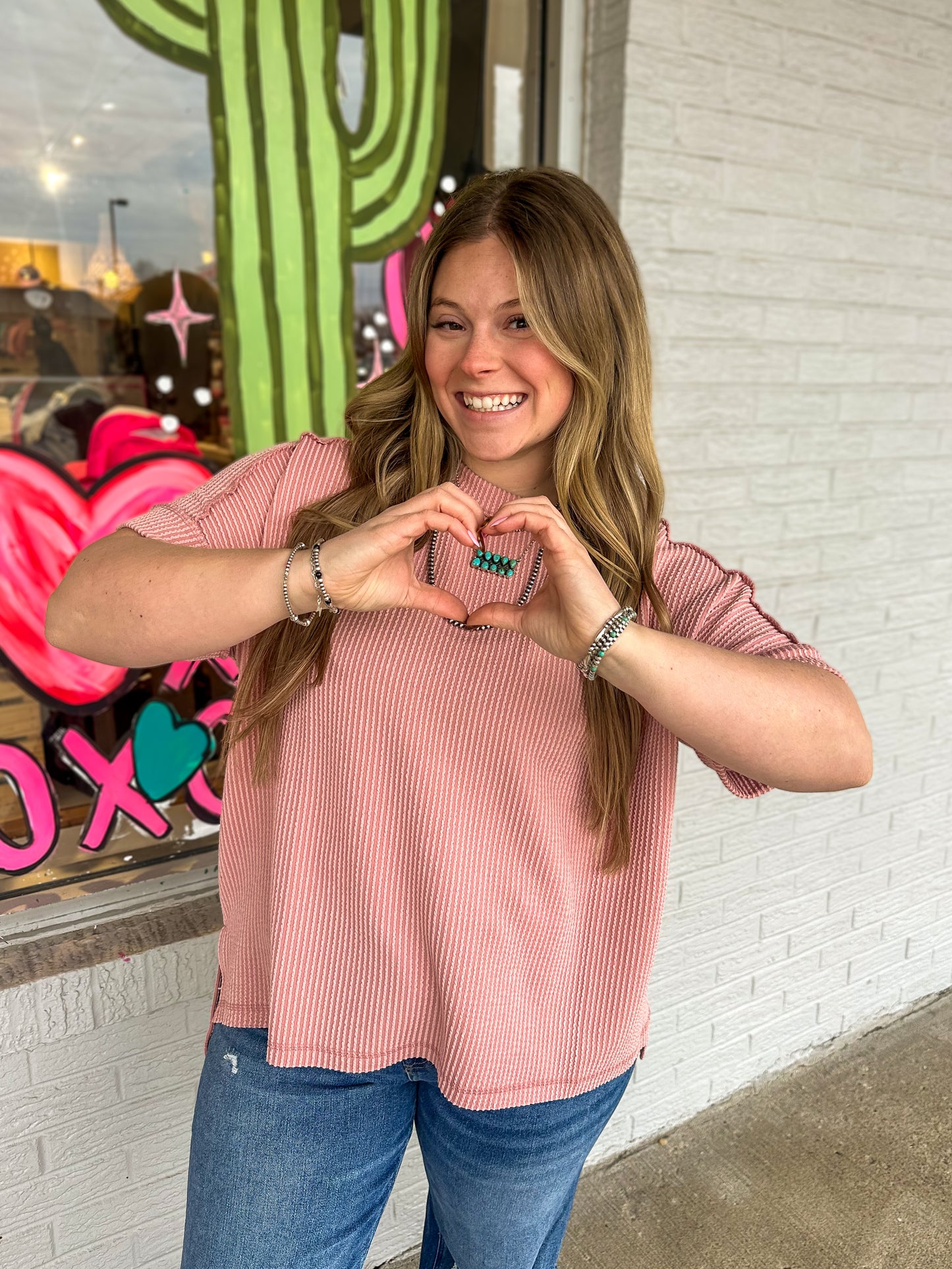 Corded Cuff Sleeve Raw Edge Top in Light Rose