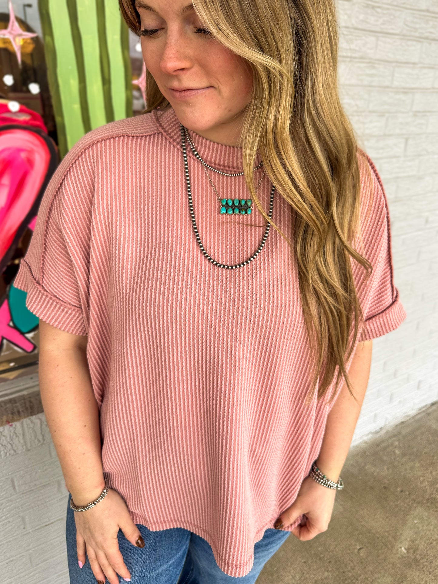 Corded Cuff Sleeve Raw Edge Top in Light Rose