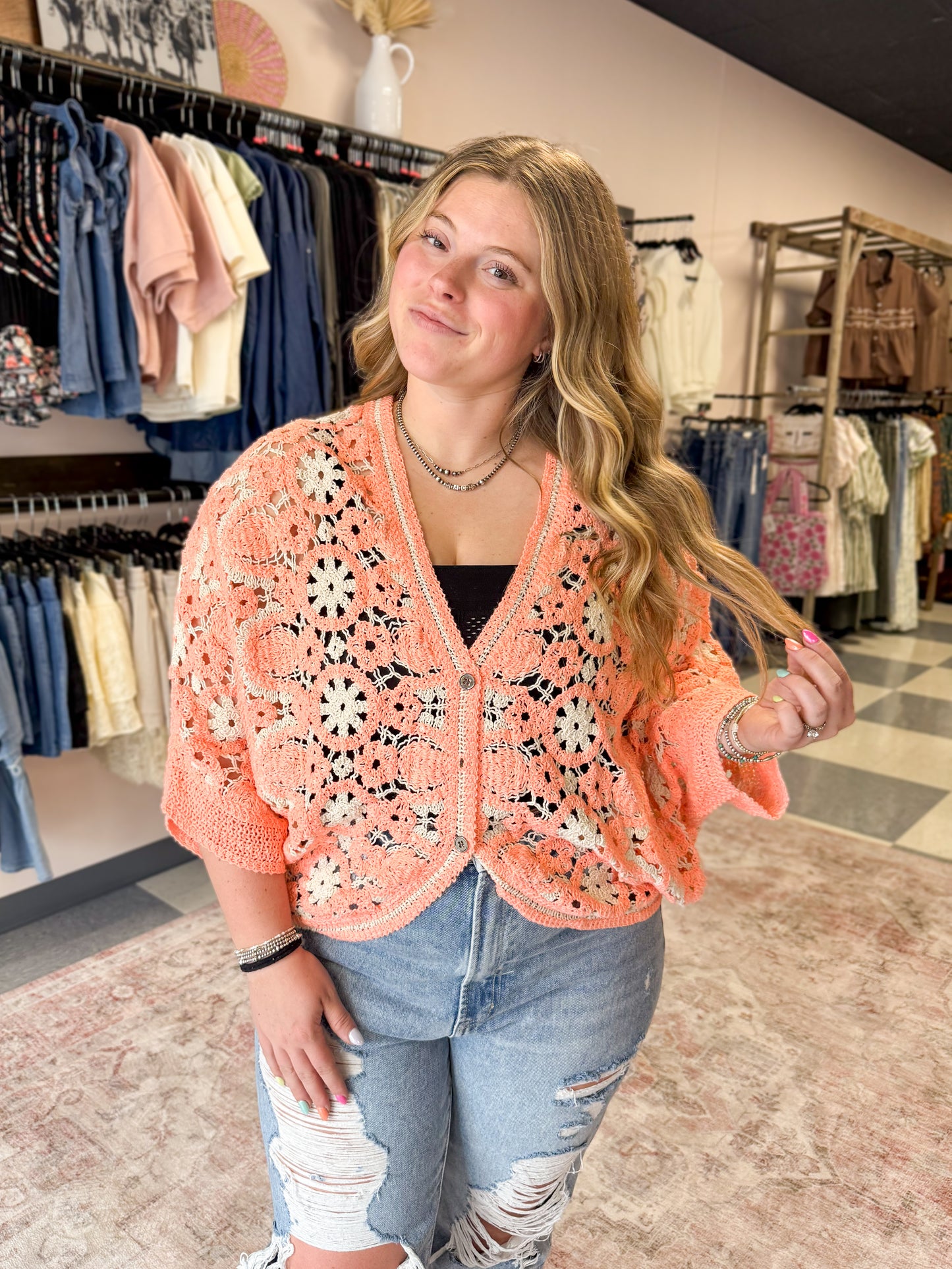 Coral Crocheted Sweater Top