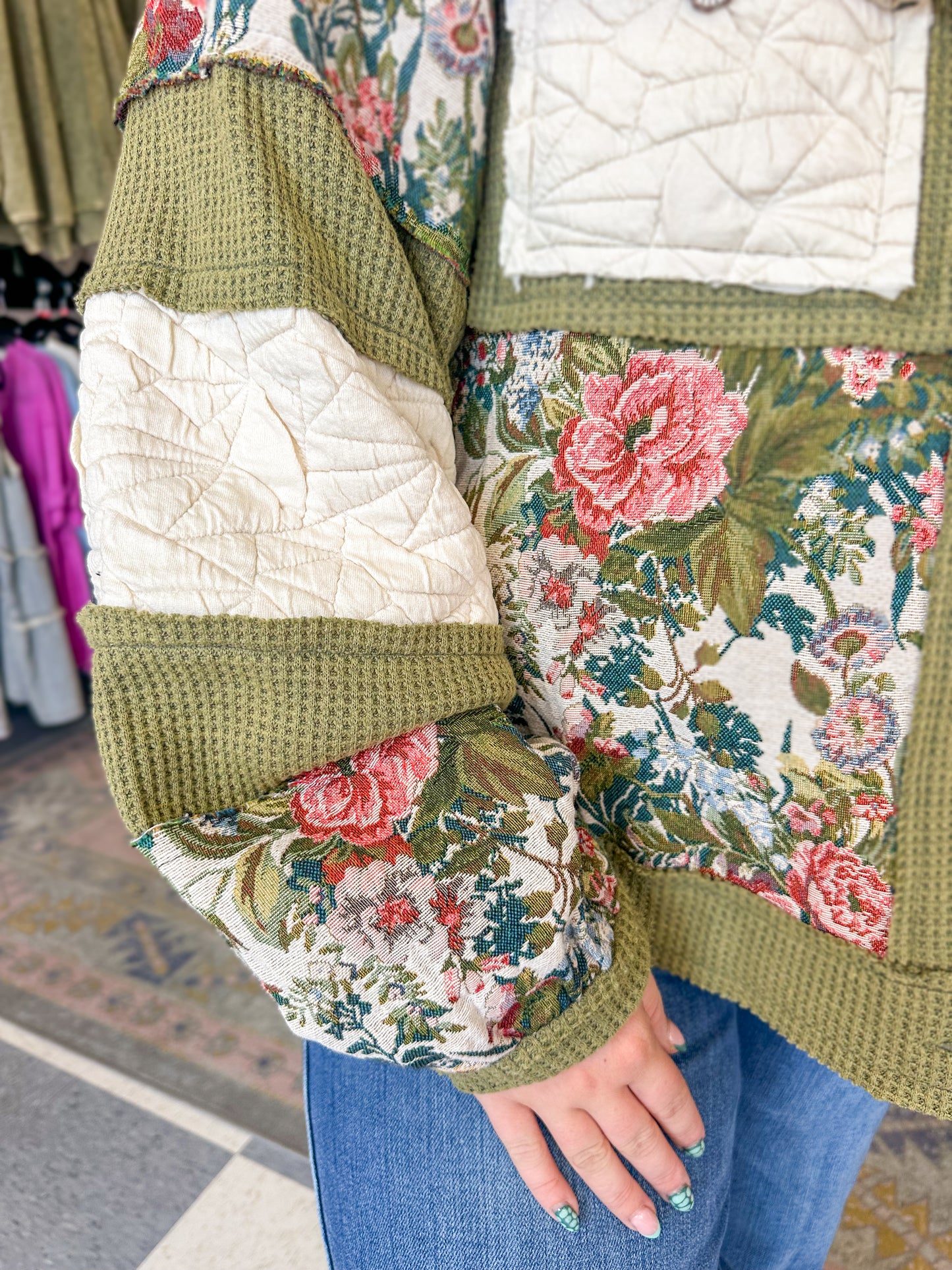 Olive Green Floral Quilted Shacket