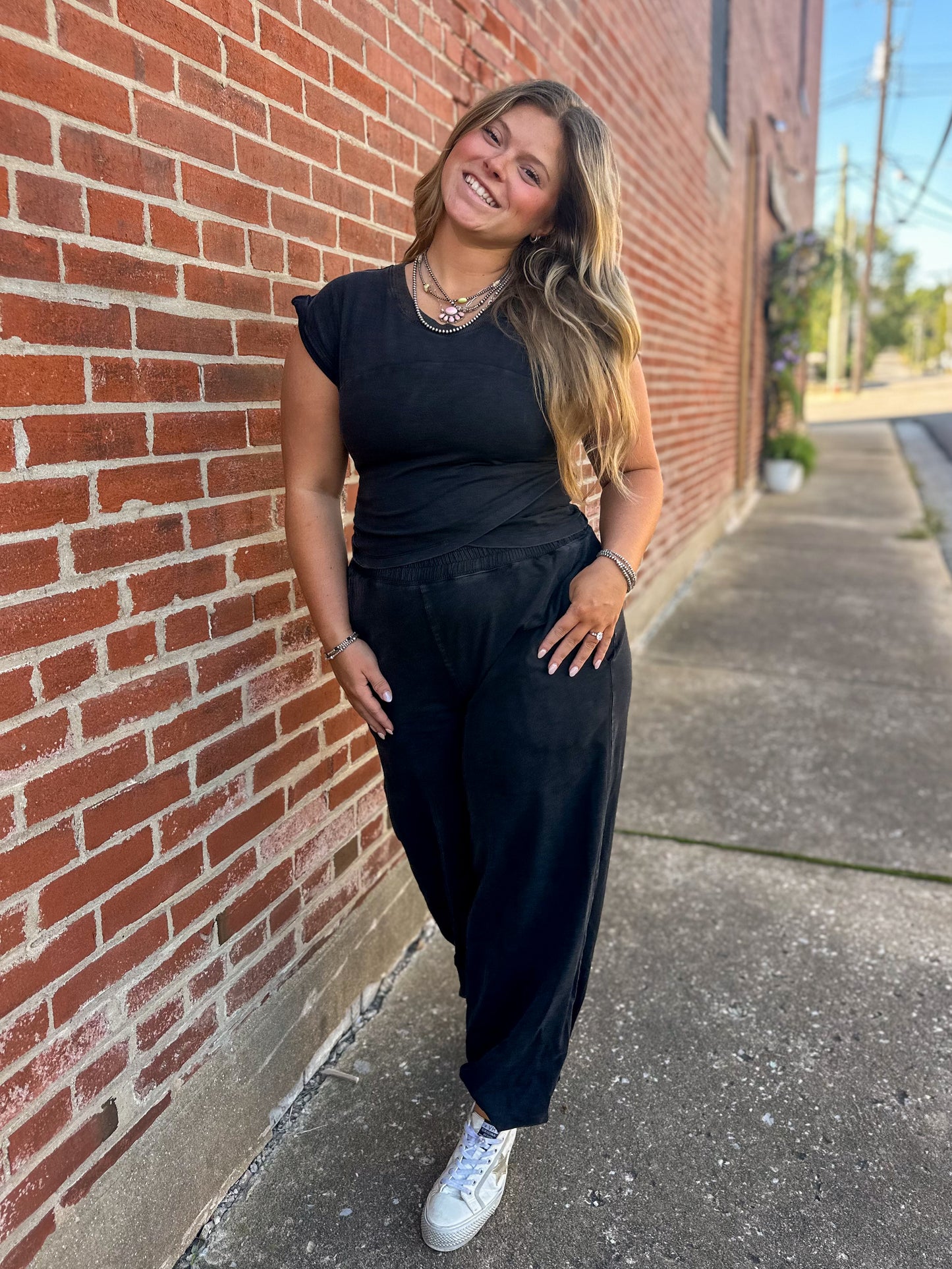 Black Mineral Washed Wrap Top