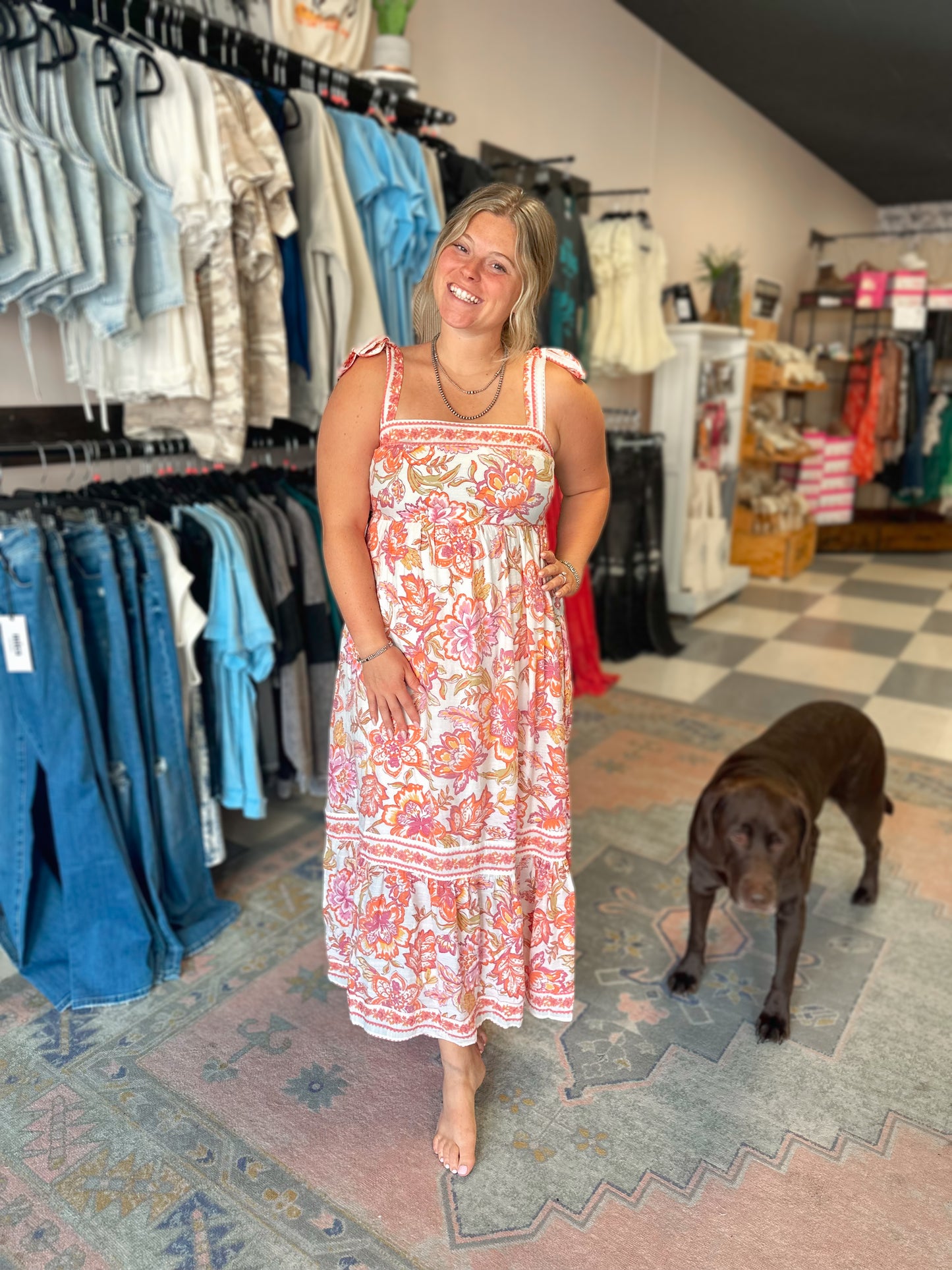 Floral Trim Orange and Pink Midi Dress