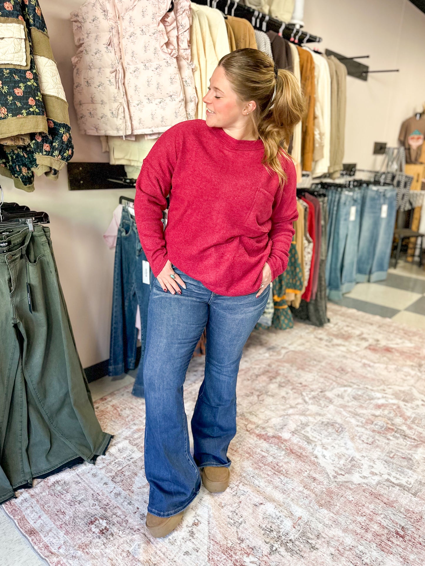 Cabernet Ribbed Melange Front Pocket Top