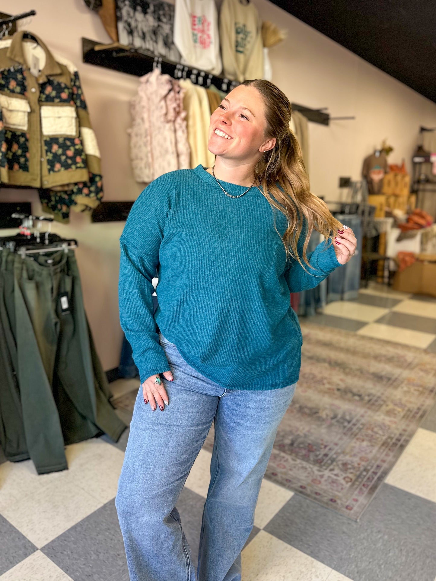 Teal Ribbed Melange Front Pocket Top