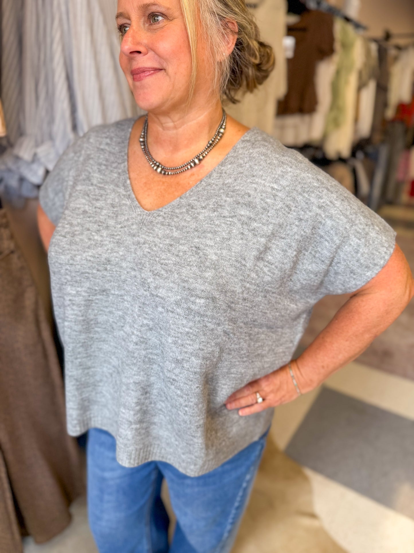 Heather Grey Short Sleeve Sweater