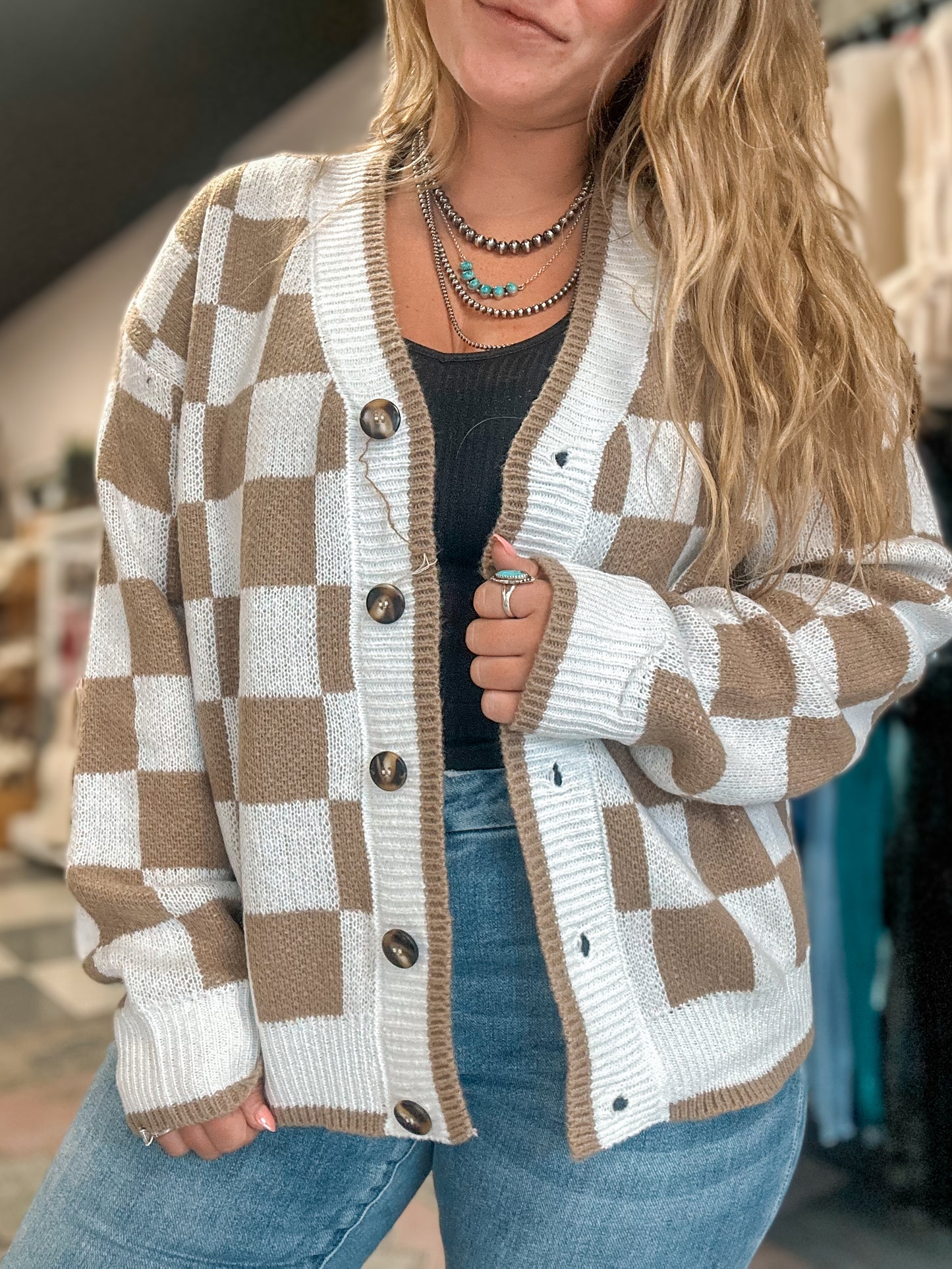 Tan Checkered Print Knitted Sweater