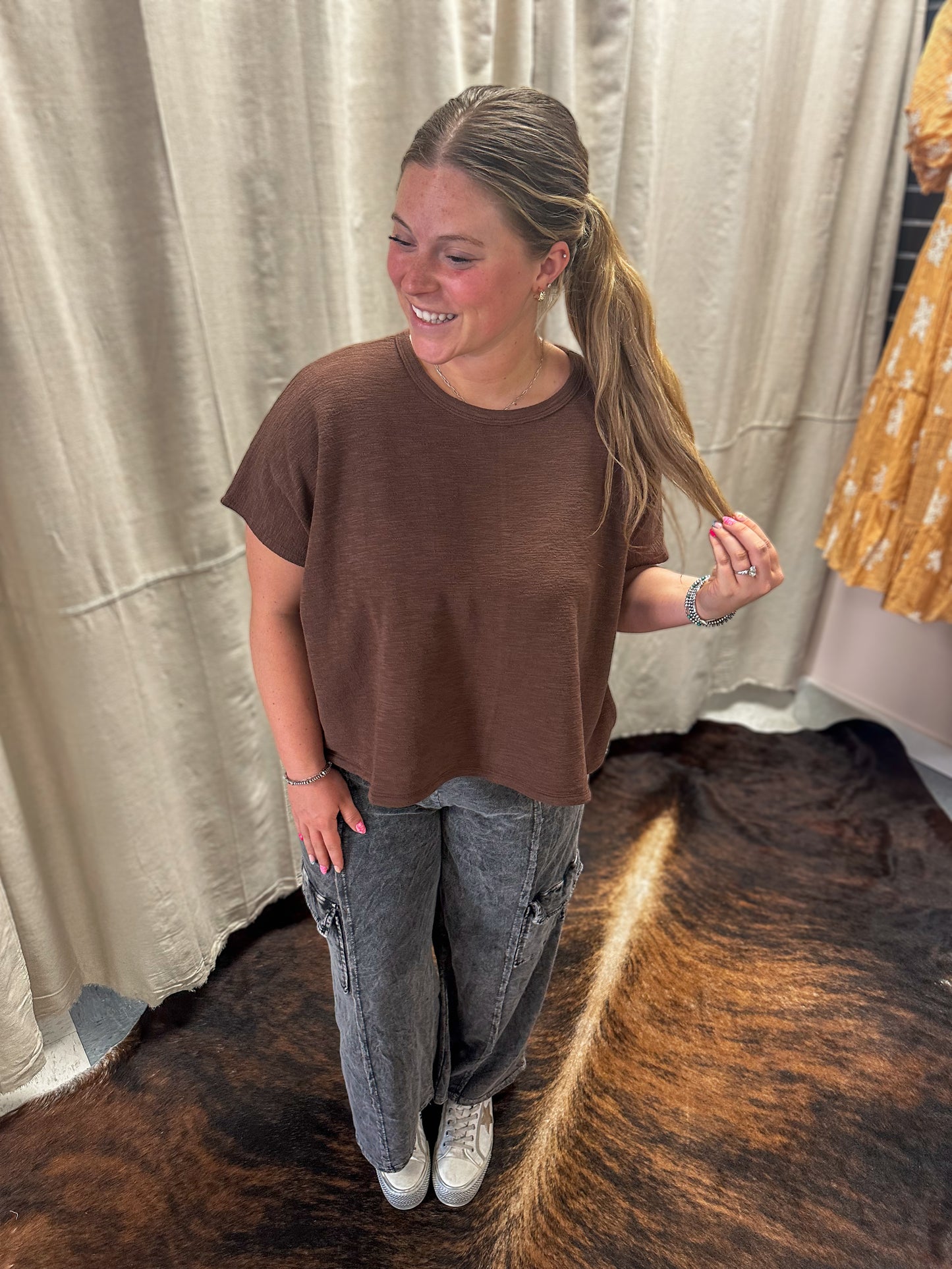 Brown Cotton Slub Oversized Tee