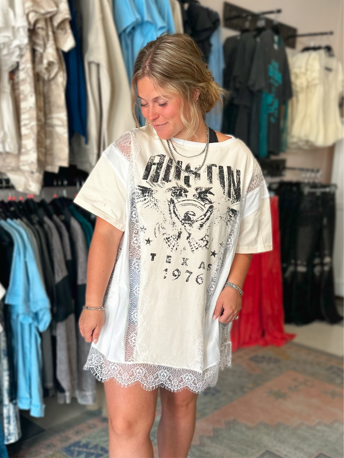 Austin Washed Lace T-Shirt Dress in Cream