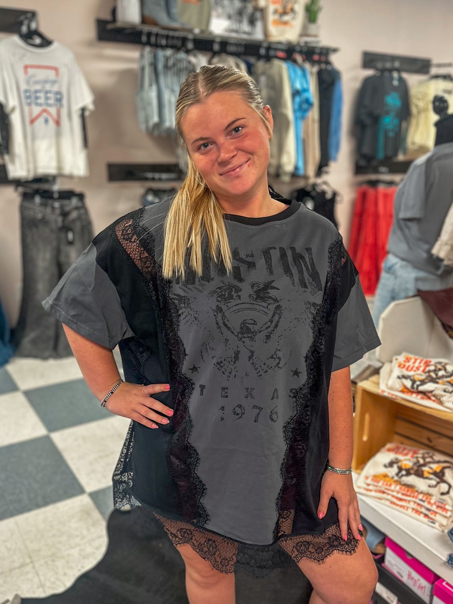 Austin Washed Lace T-Shirt Dress in Charcoal
