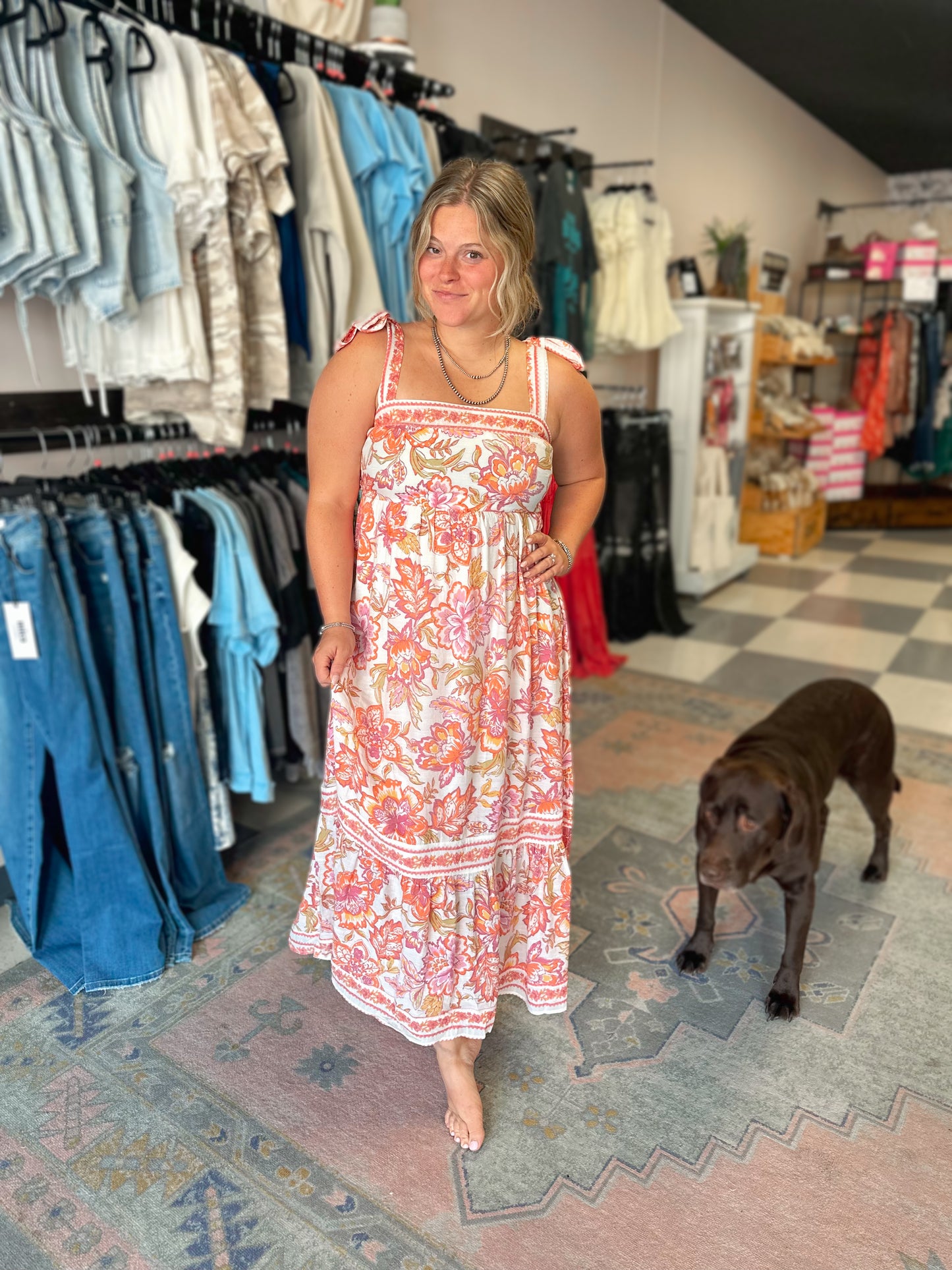 Floral Trim Orange and Pink Midi Dress