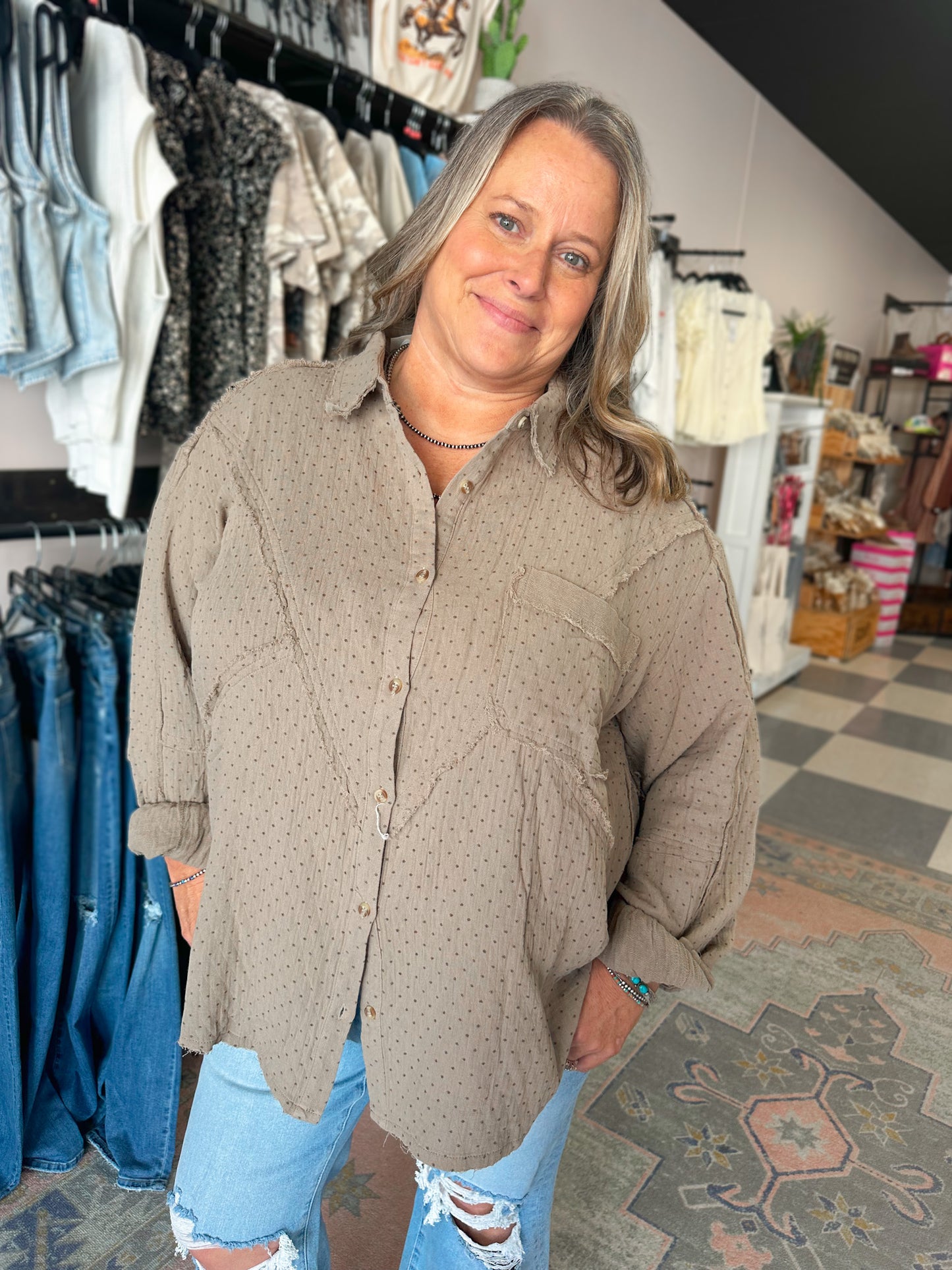 Printed Gauze Button Down Top in Olive