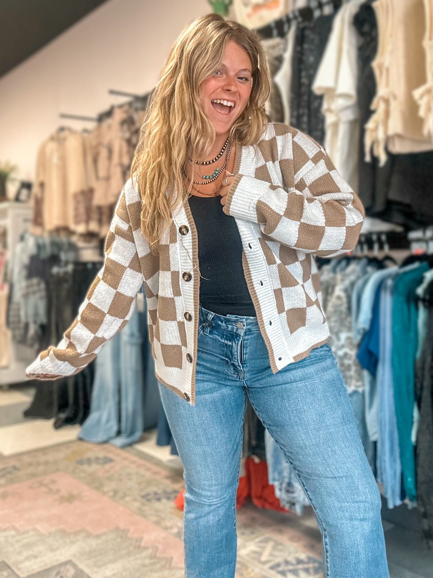 Tan Checkered Print Knitted Sweater