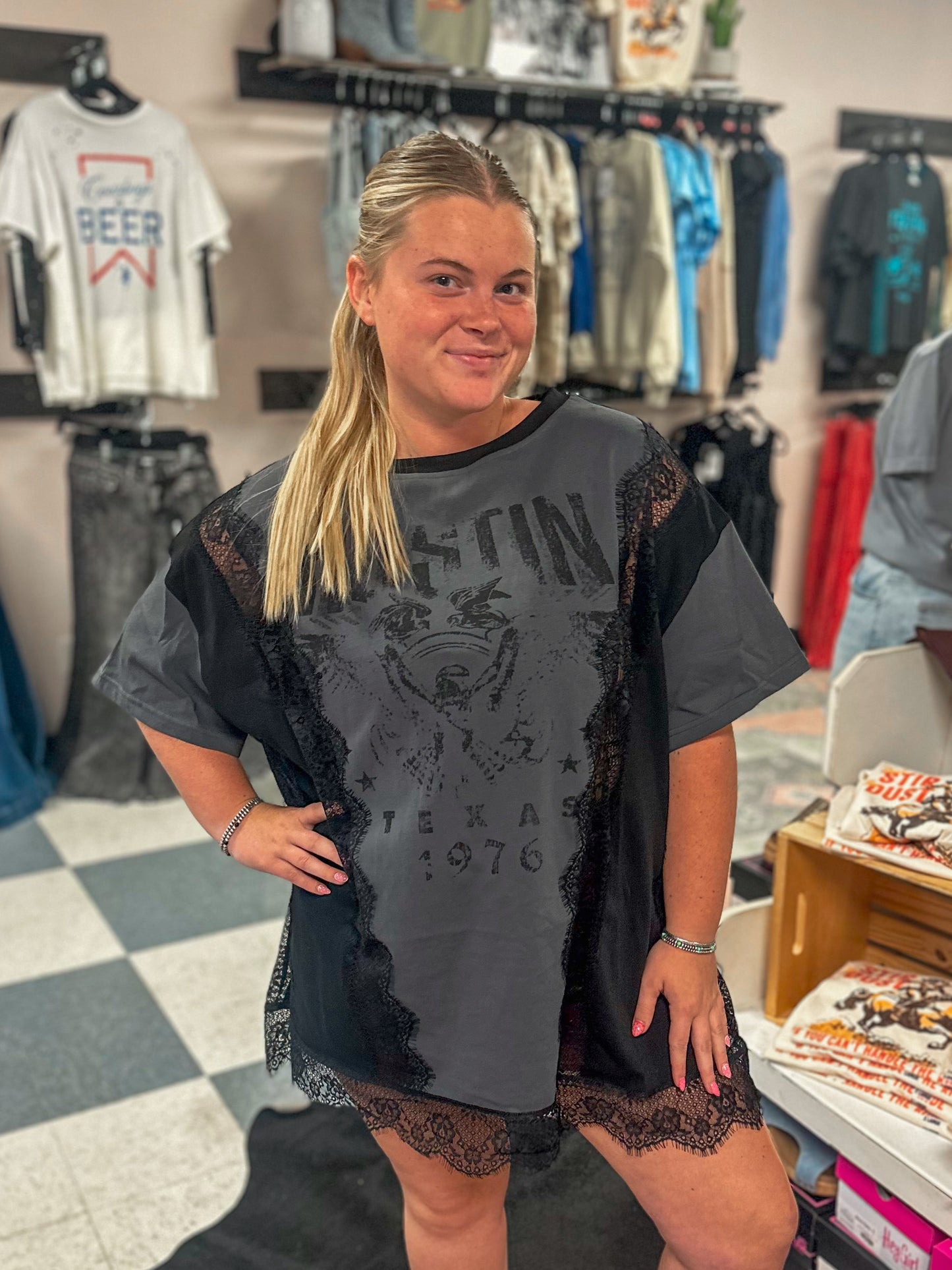Austin Washed Lace T-Shirt Dress in Charcoal