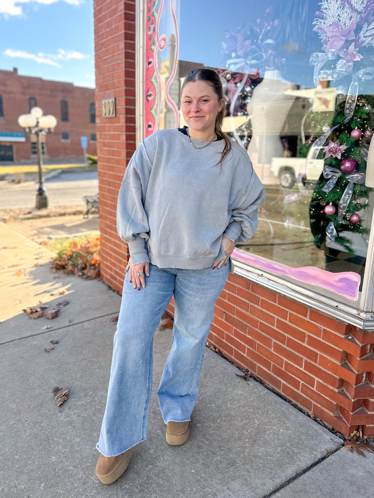 Sleet Grey Acid Wash Hi-Low Pullover