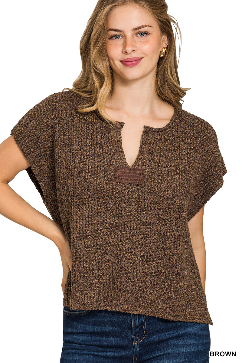 Split-Neck Side Slit Pullover Sweater