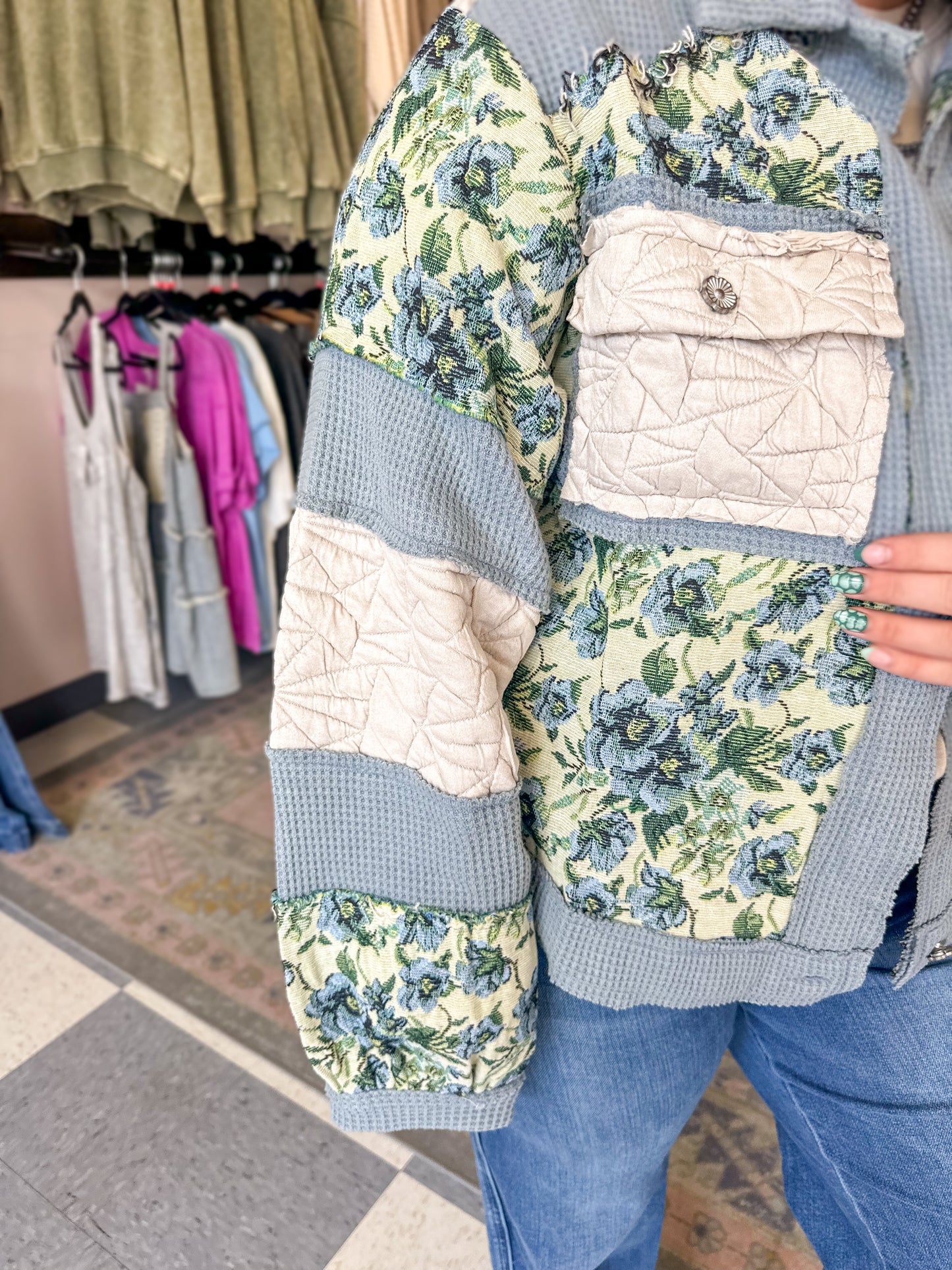 Cornflower Blue Floral Quilted Shacket