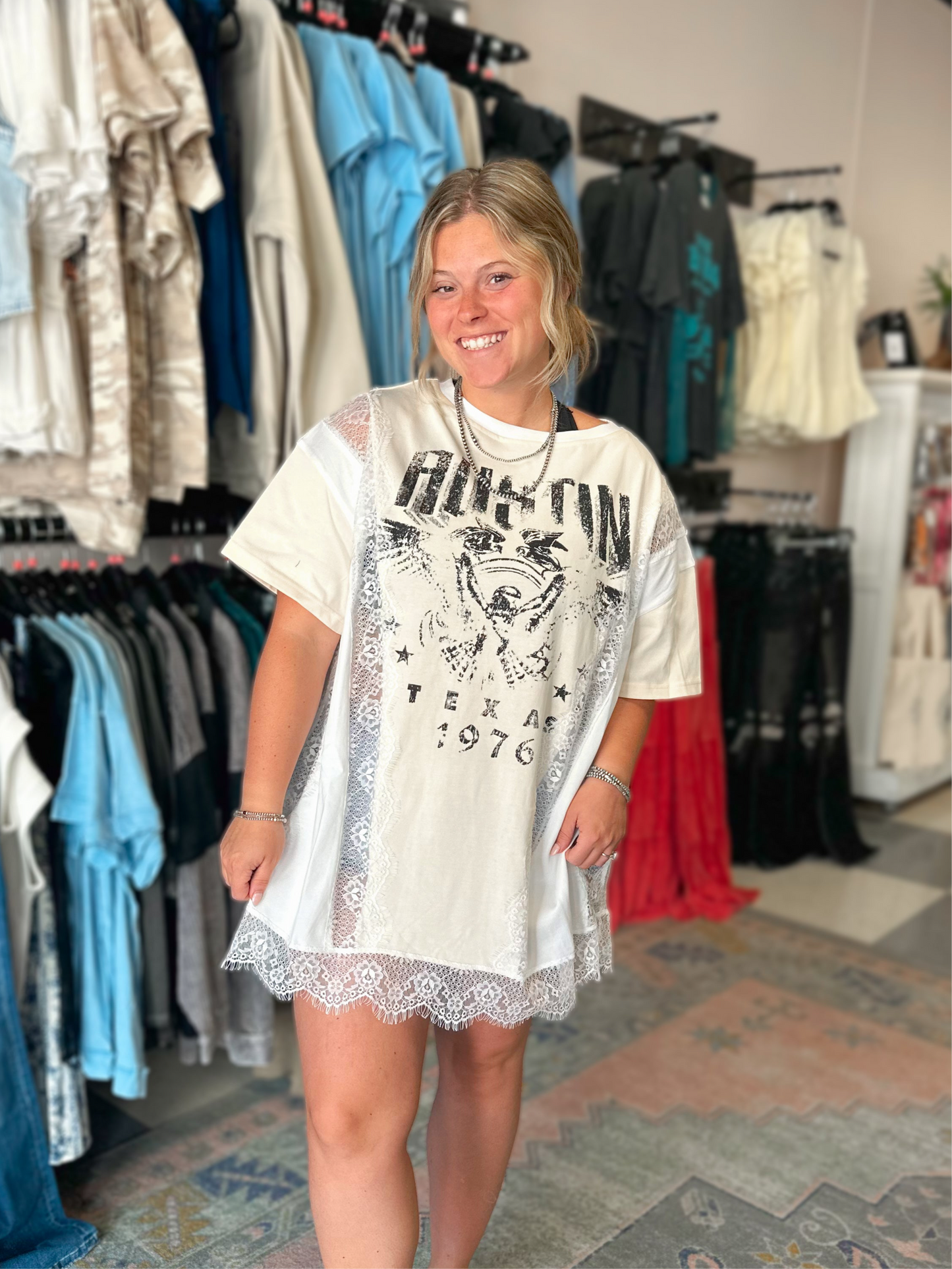 Austin Washed Lace T-Shirt Dress in Cream