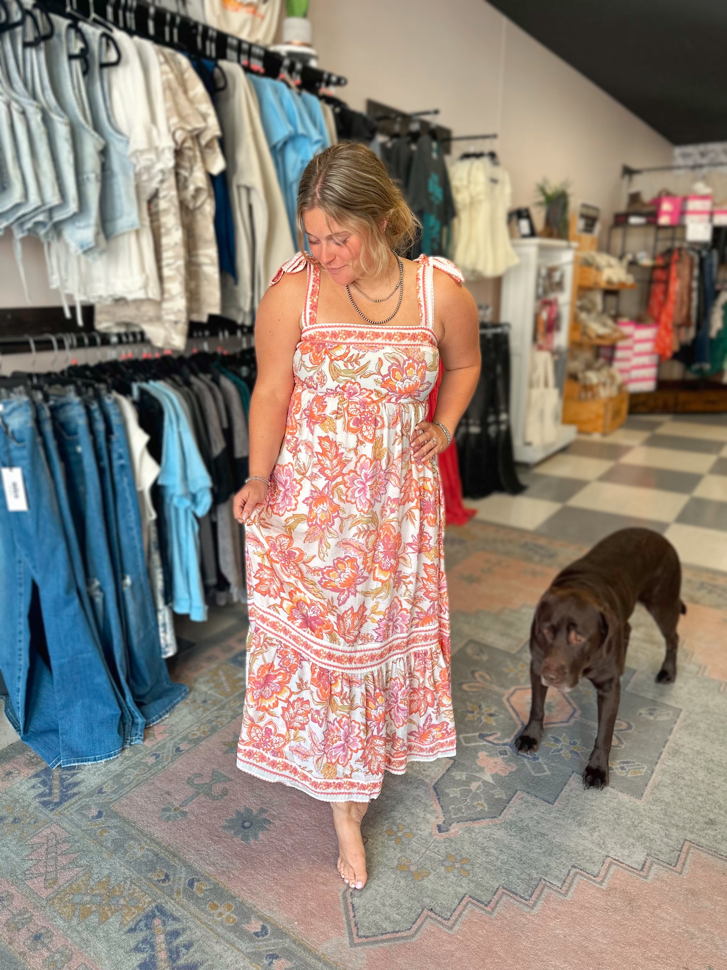 Floral Trim Orange and Pink Midi Dress