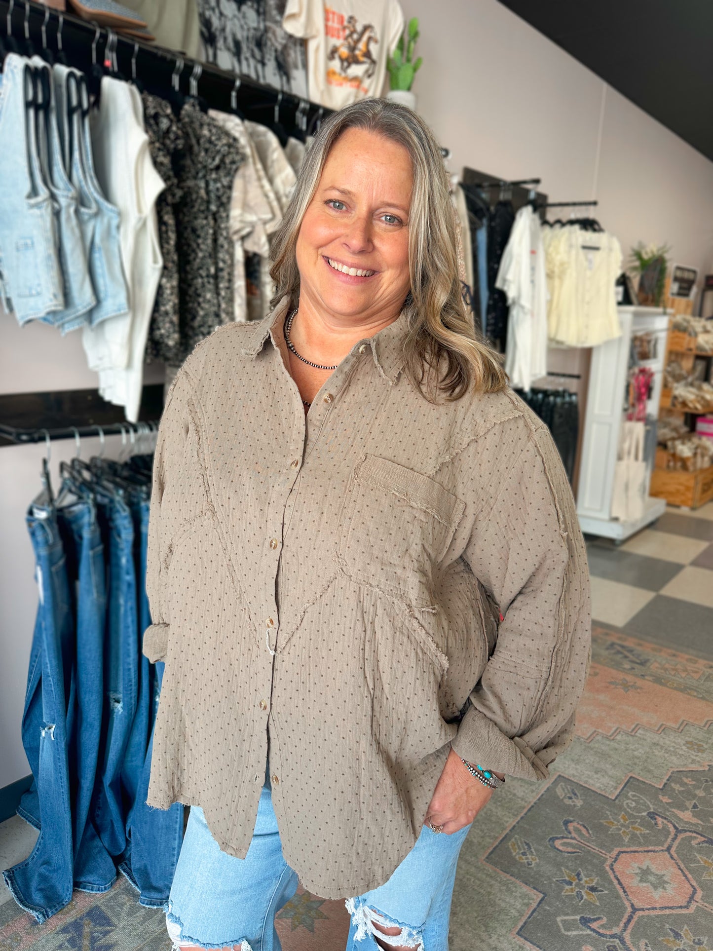 Printed Gauze Button Down Top in Olive