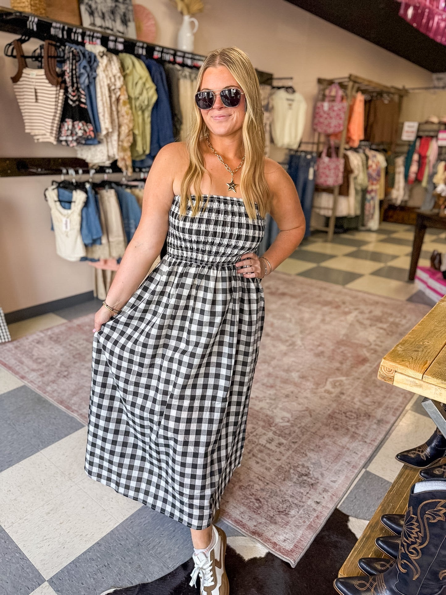 Plaid Strapless Smocked Midi Sundress