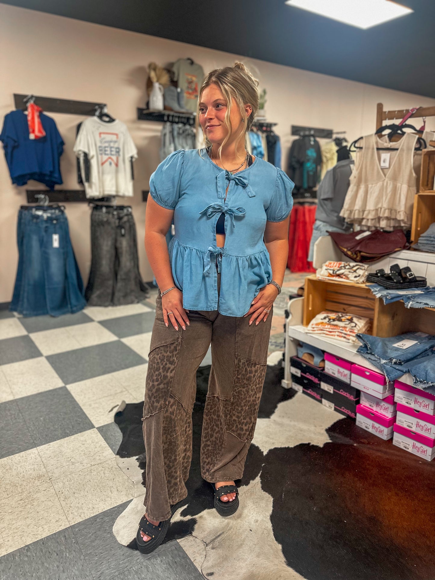Front Tie Chambray Puff Sleeve Blouse