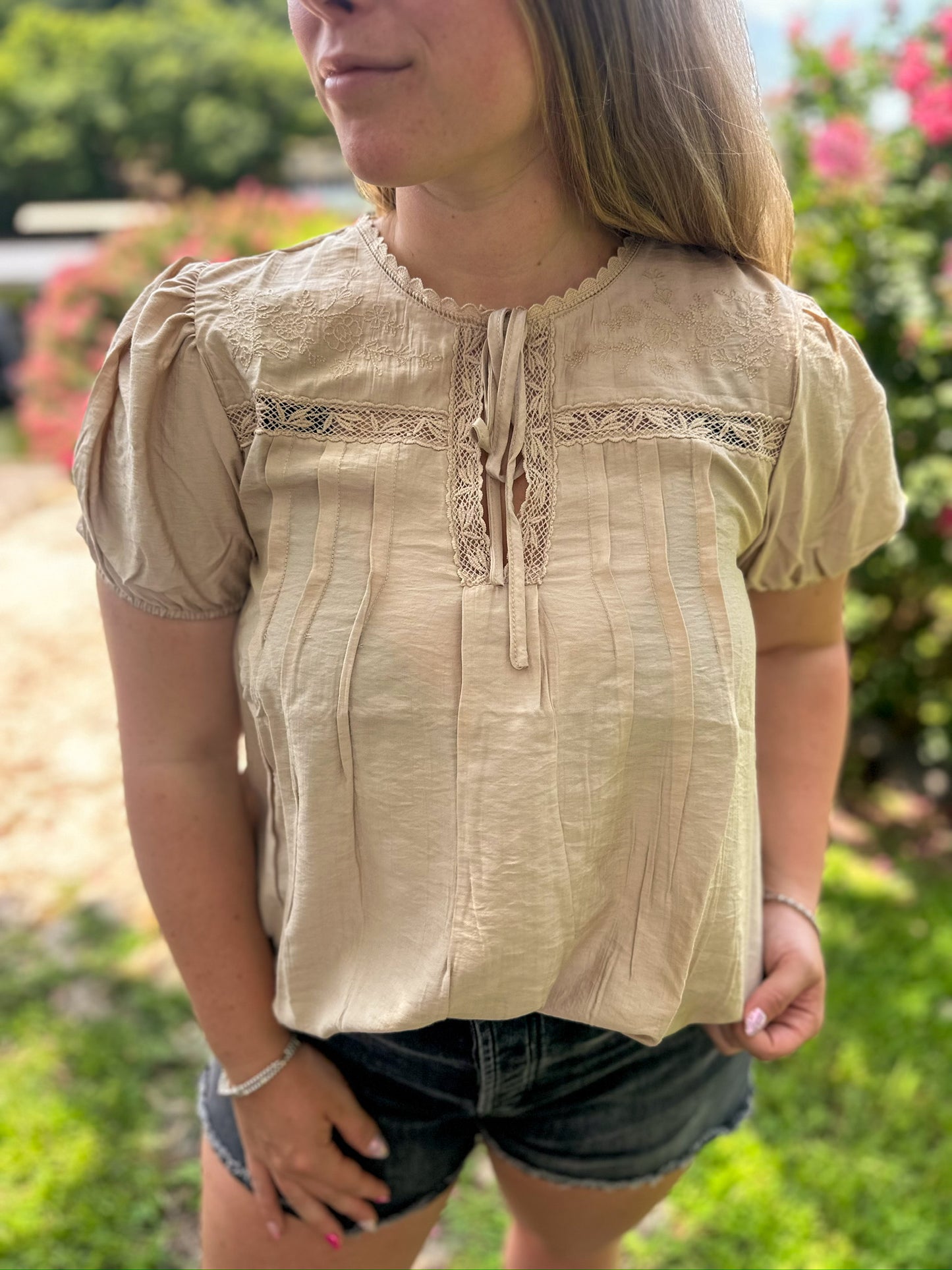 Evelyn Embroidered Lace Top in Khaki