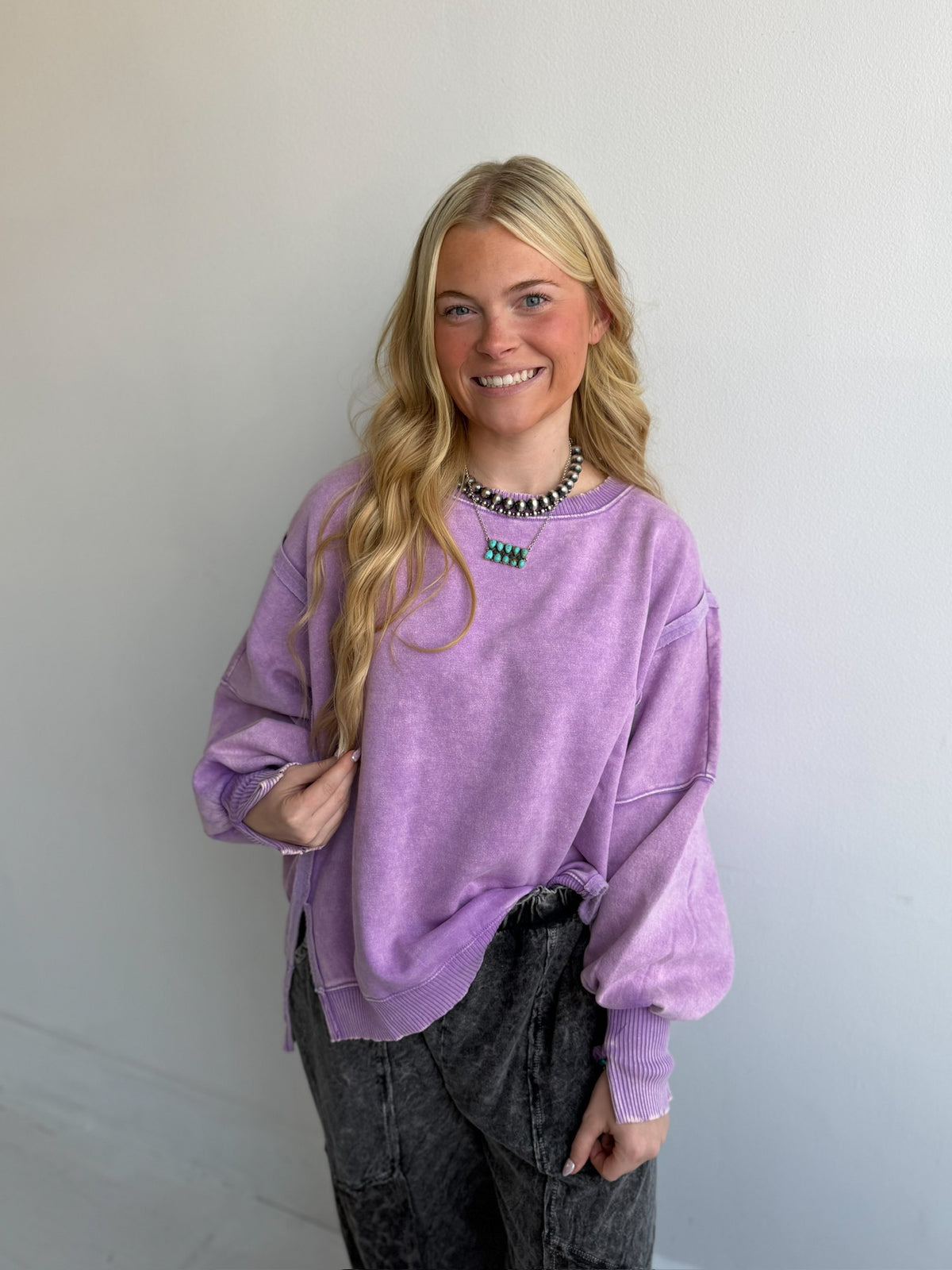 EDIT: Bright Lavender Acid Wash Hi-Low Pullover