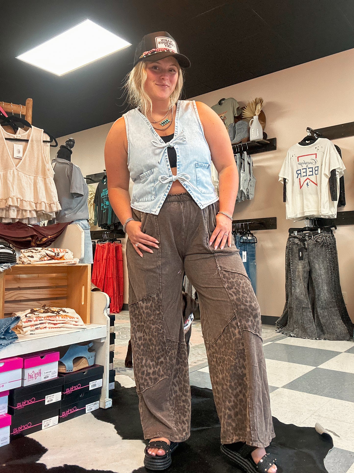 Washed Leopard Patchwork Wide Leg Pants