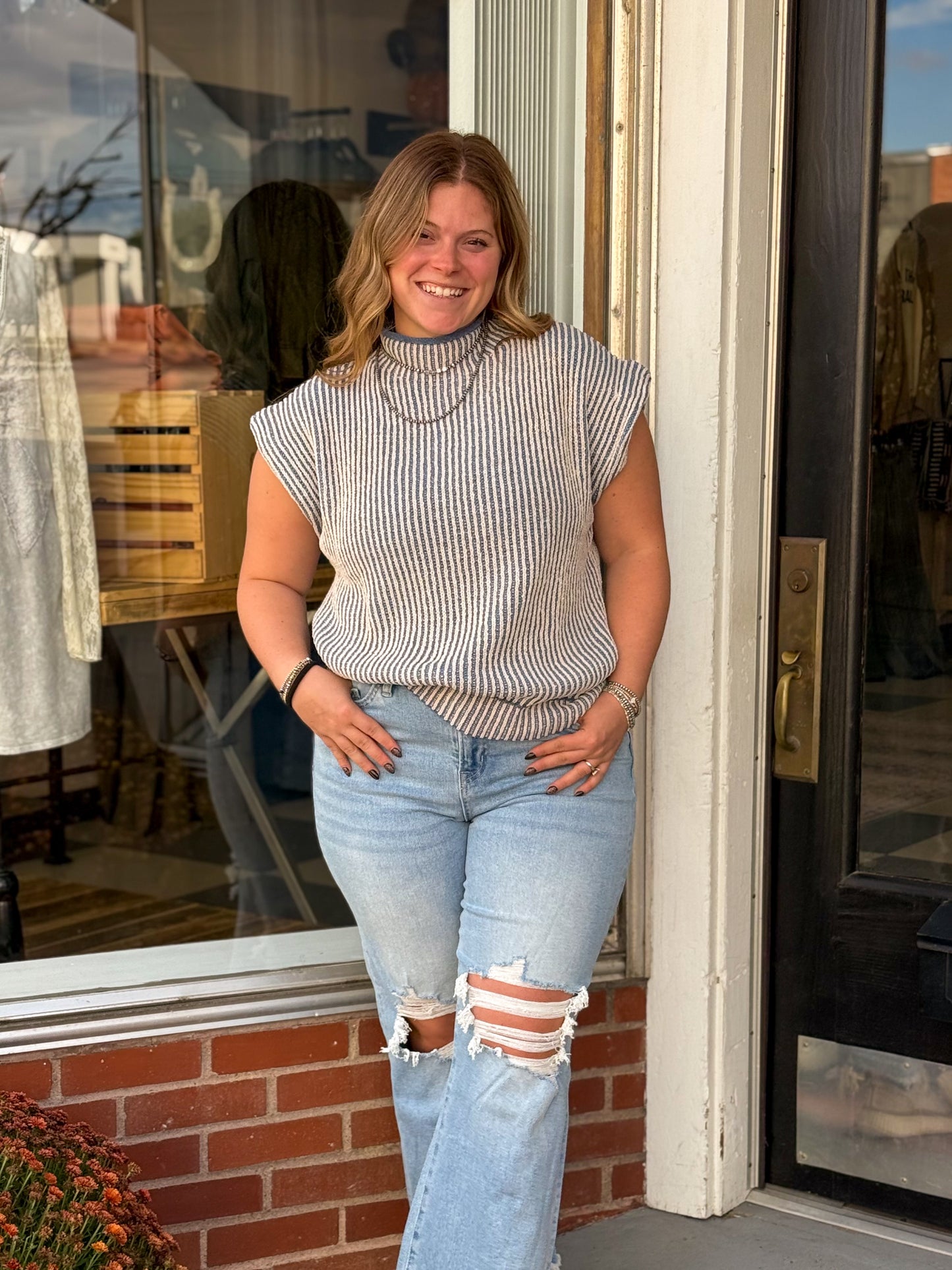 Blue Sleeveless Two Tone Knit Sweater Vest