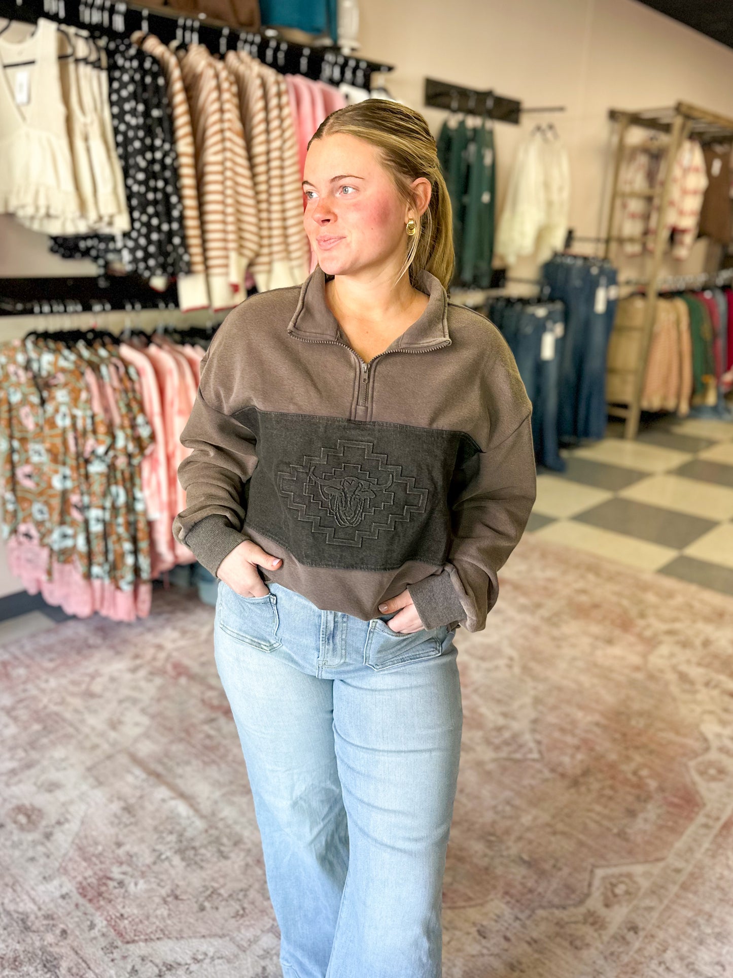Double Take Stamped Quarter Zip in Dust