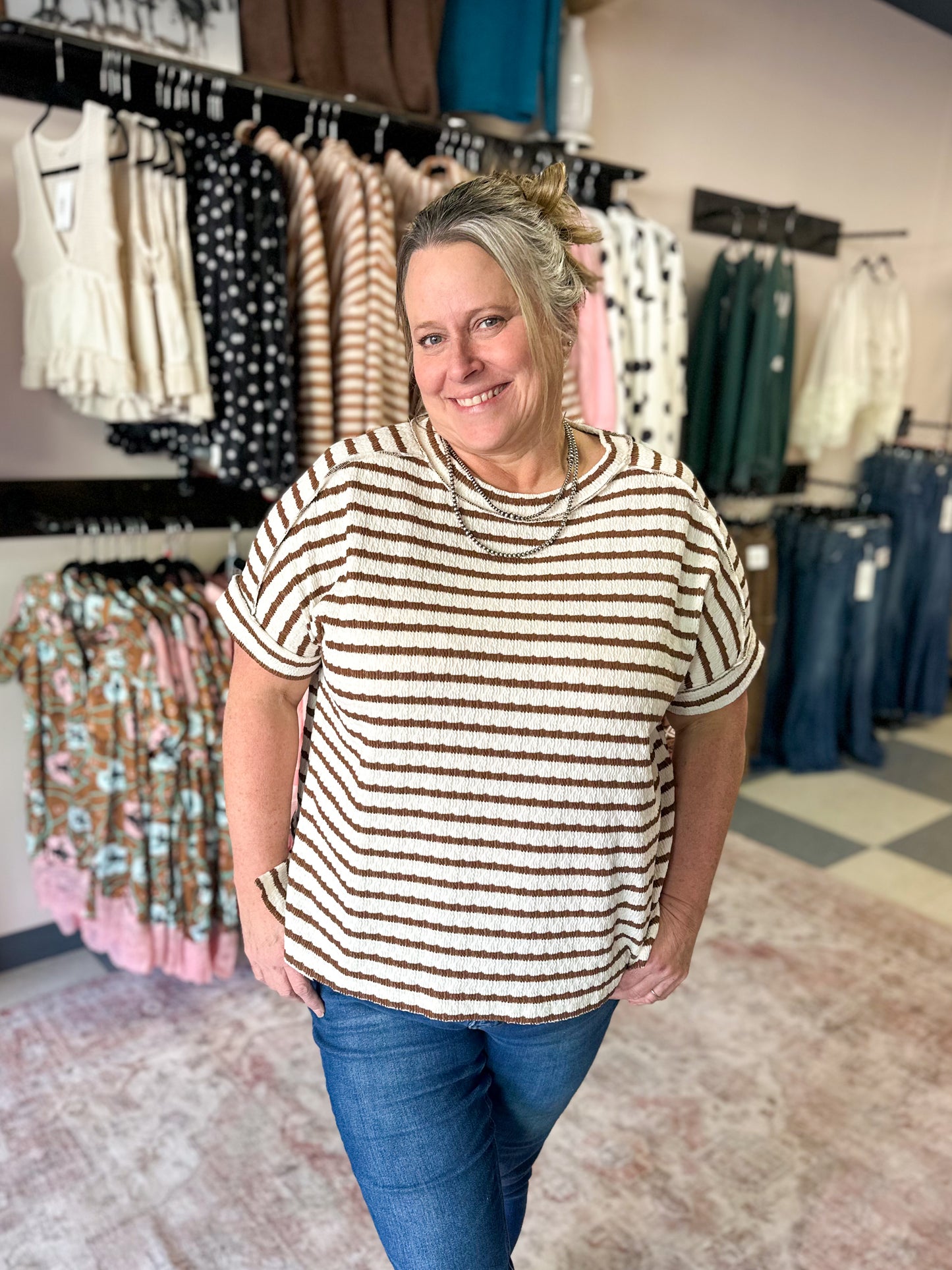 Mocha Stripe Boat Neck Box Tee