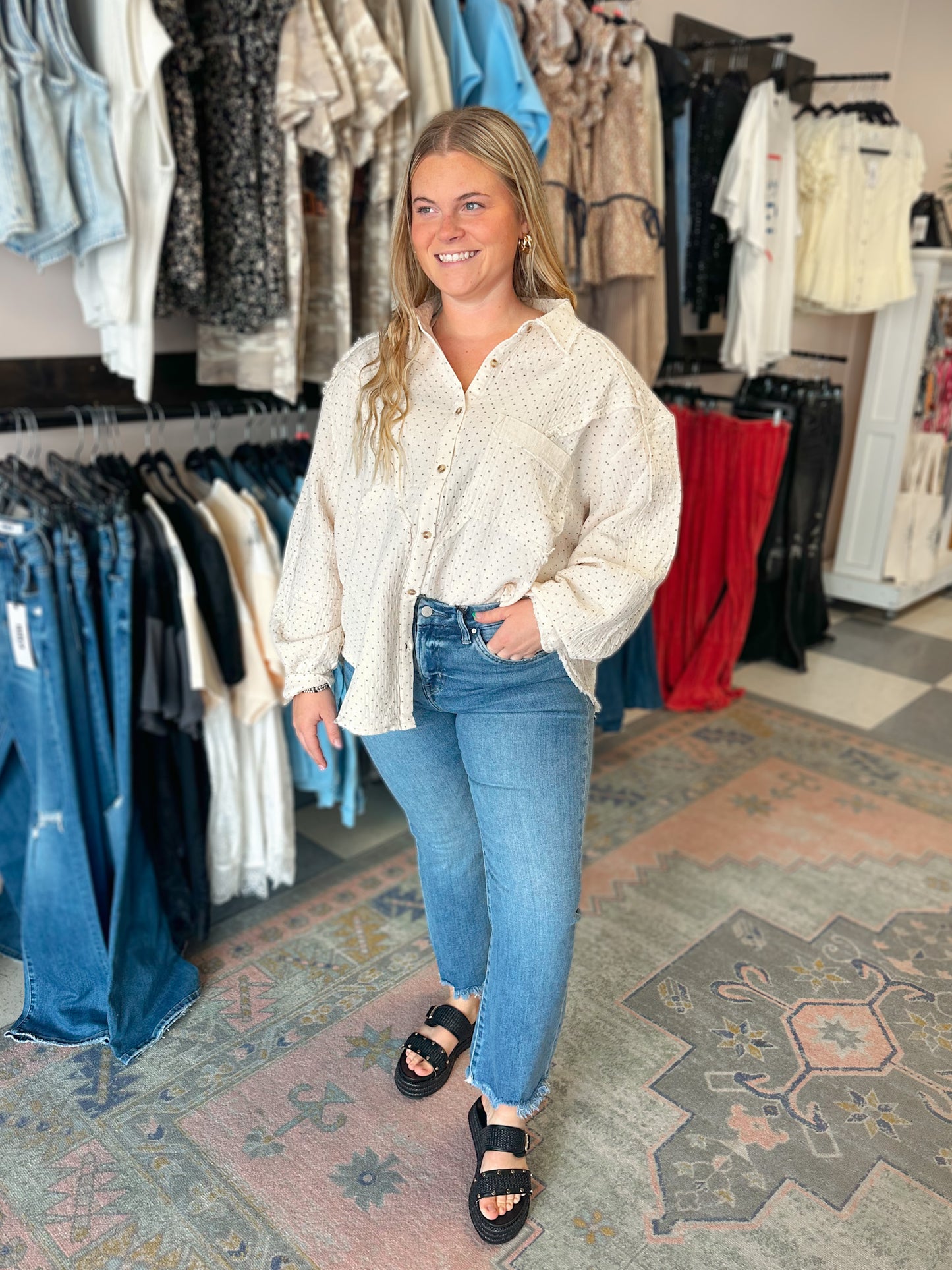 Printed Gauze Button Down Top in Cream