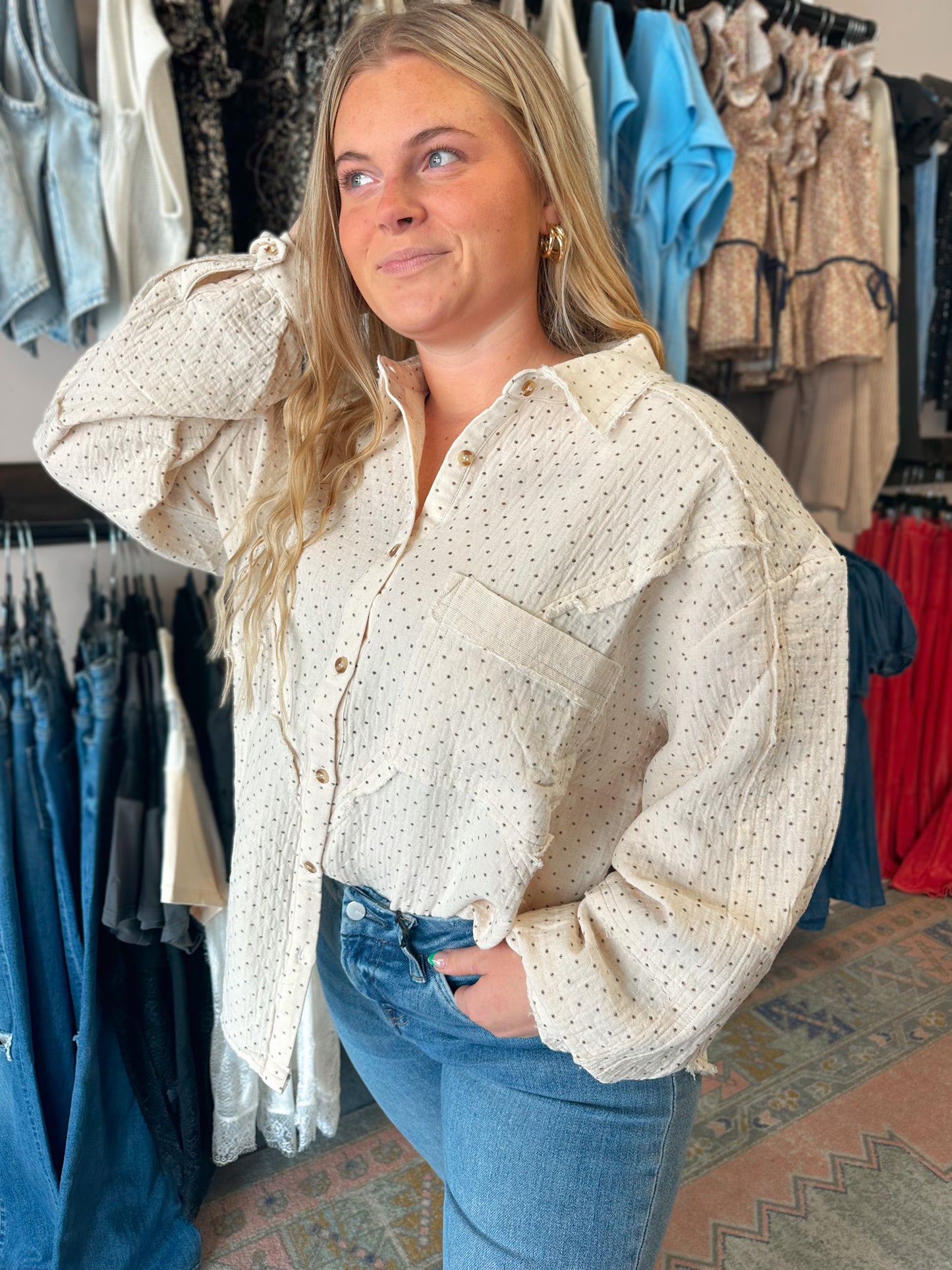 Printed Gauze Button Down Top in Cream