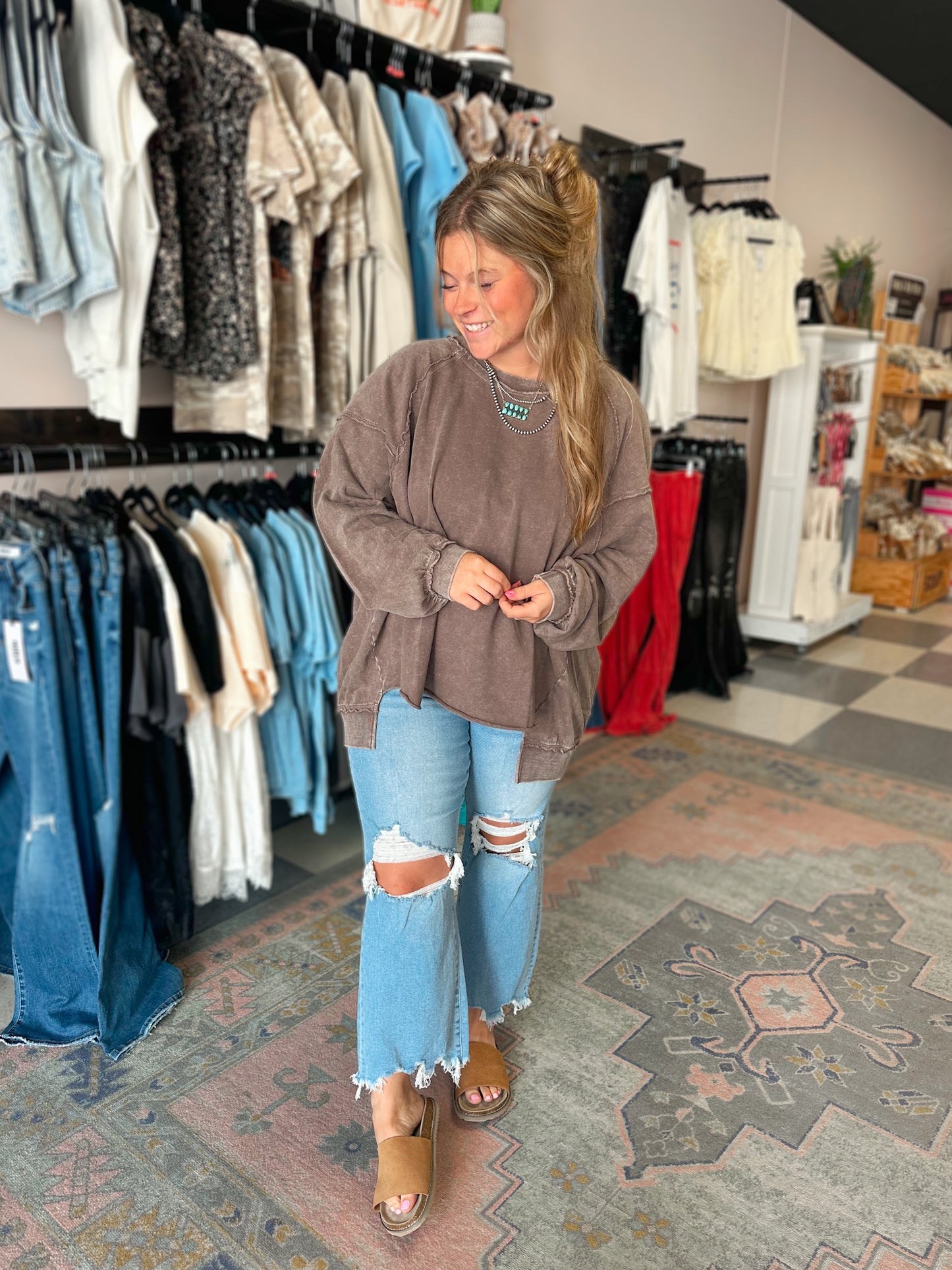 Chocolate Washed Terry Knit Pullover
