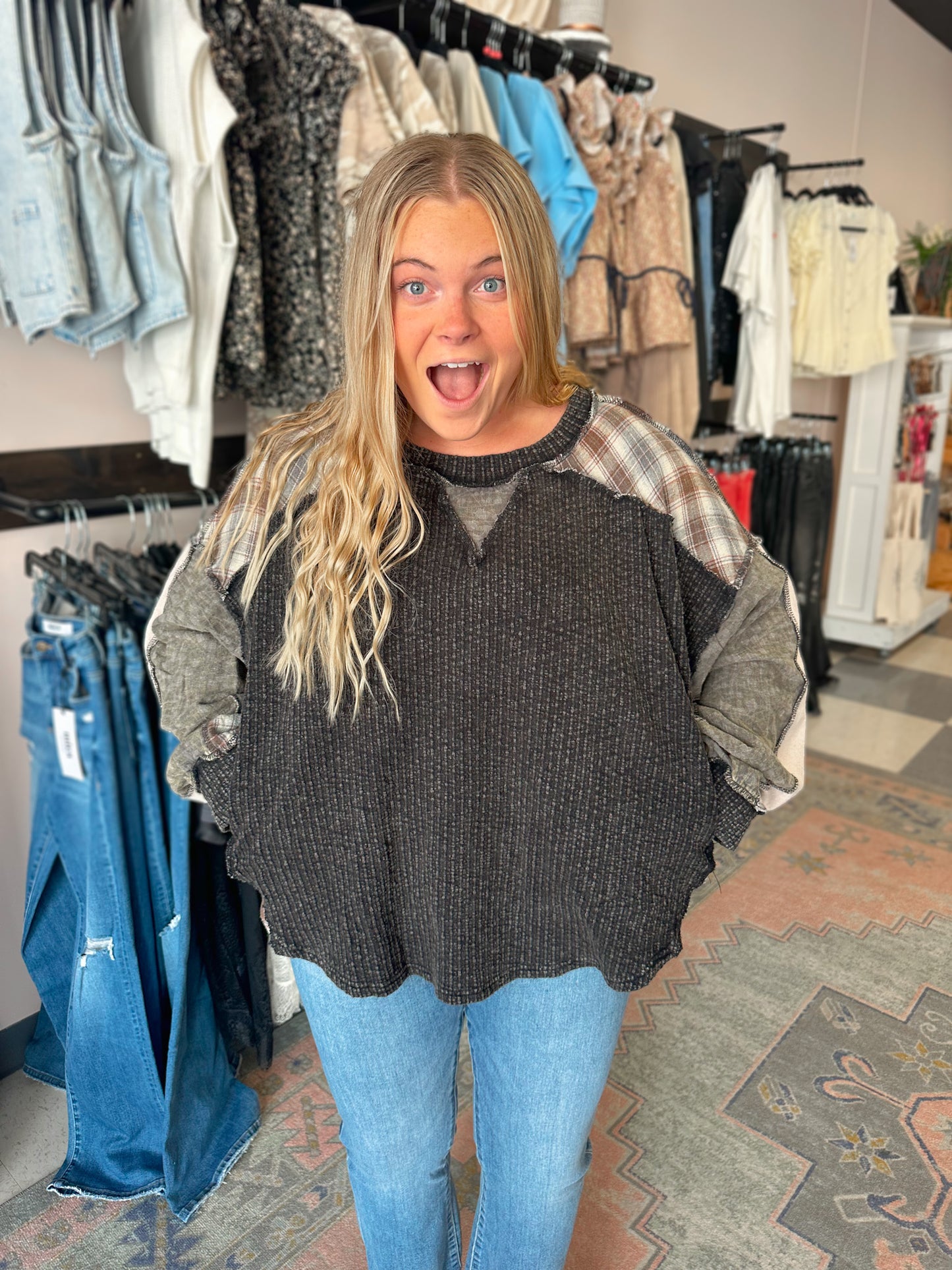 Coal Mixed Plaid Oversized Top