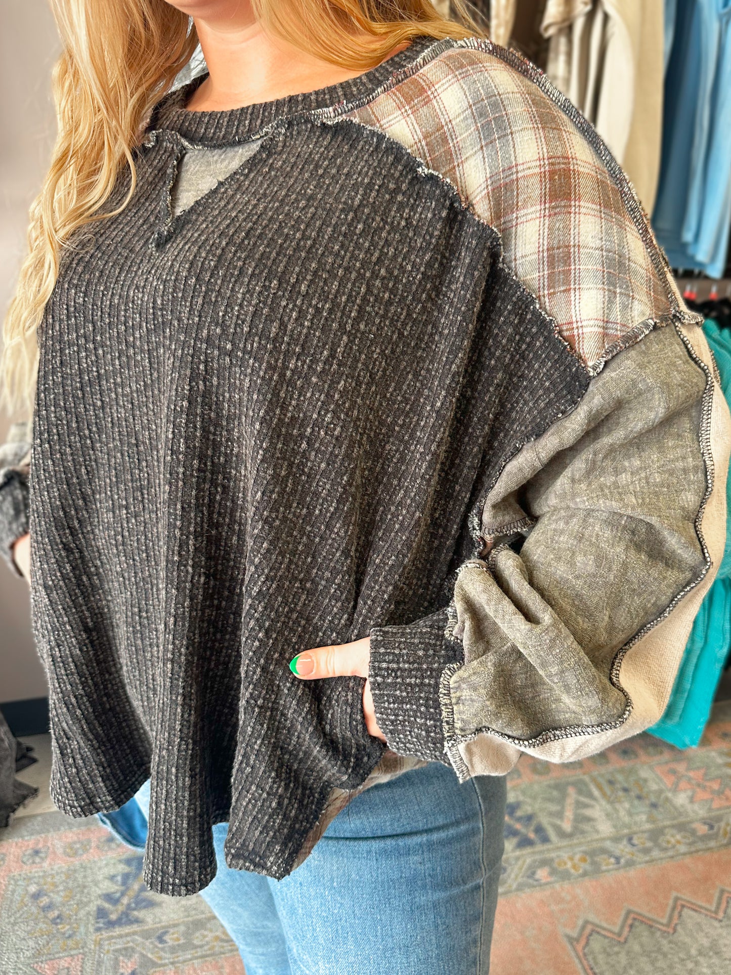 Coal Mixed Plaid Oversized Top
