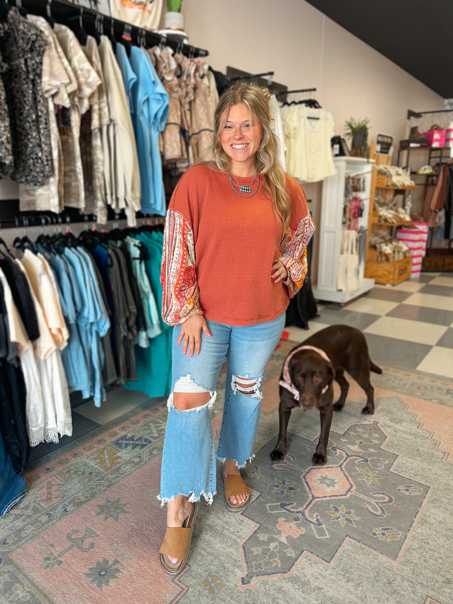 Rust Mixed Floral Print Thermal Pullover