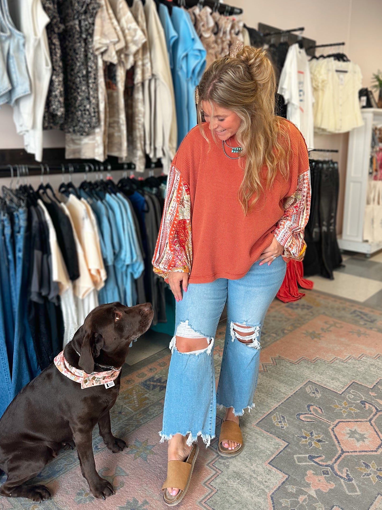 Rust Mixed Floral Print Thermal Pullover