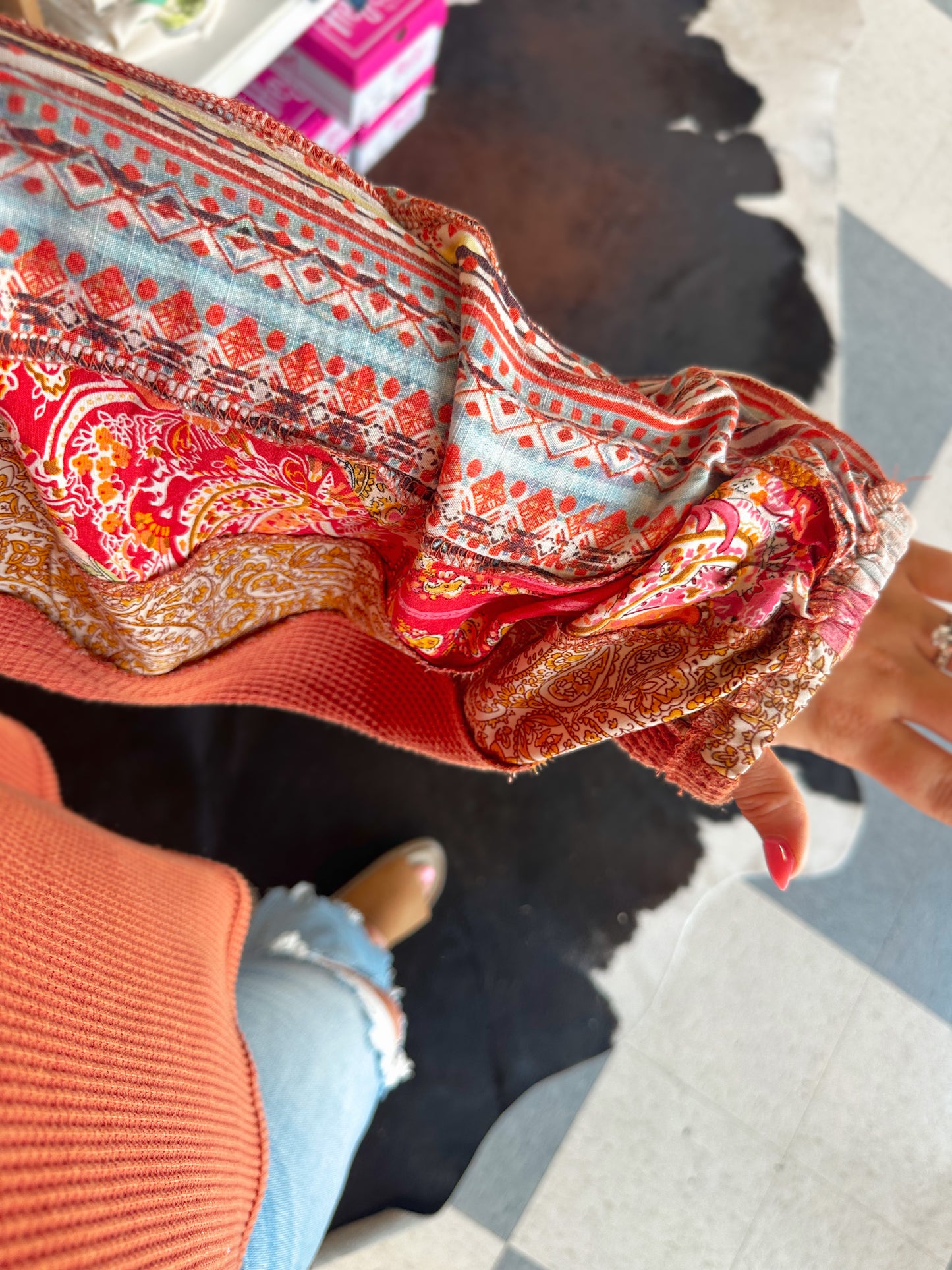 Rust Mixed Floral Print Thermal Pullover