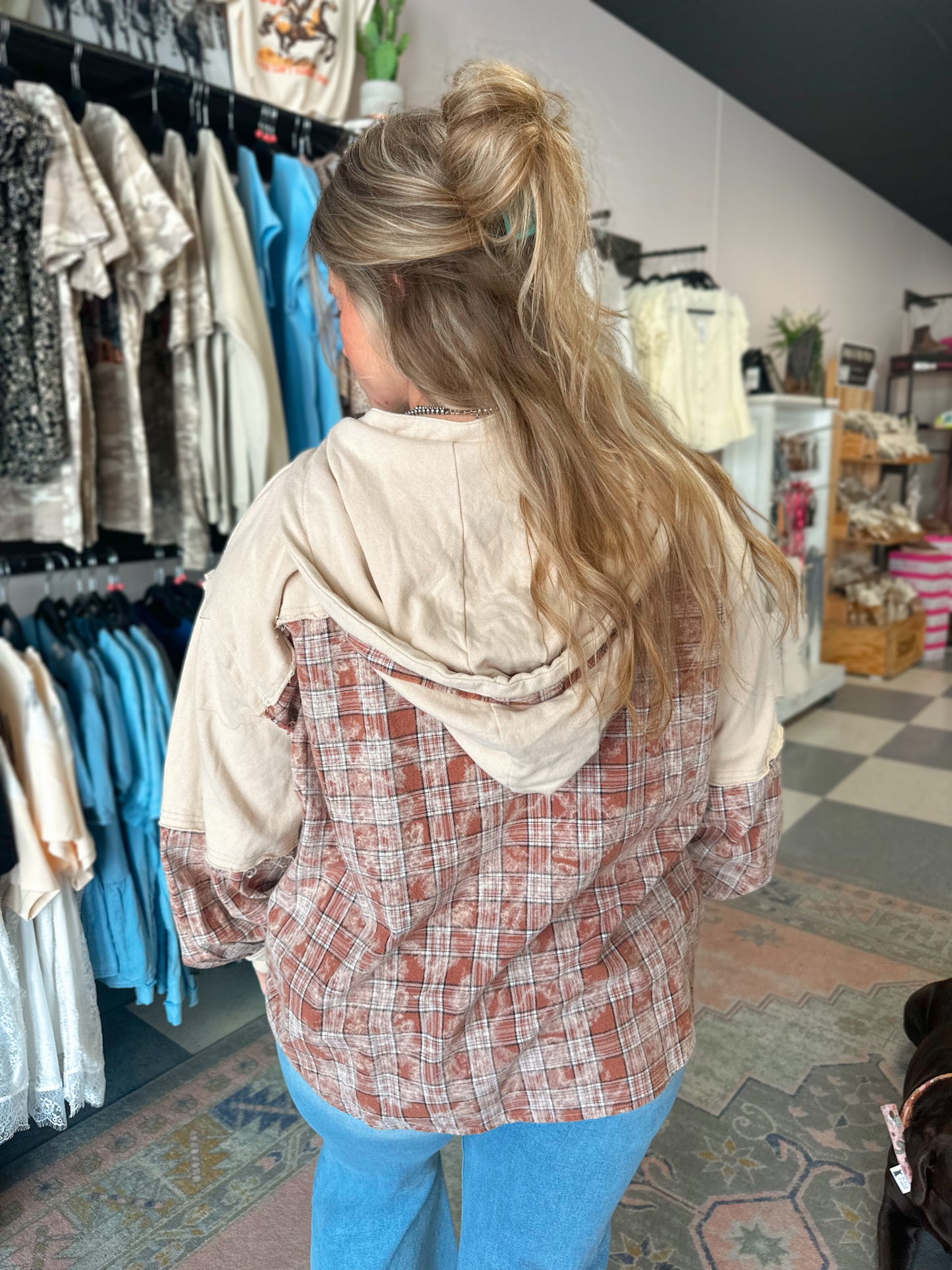 Plaid Mix Washed Henley Hooded Pullover