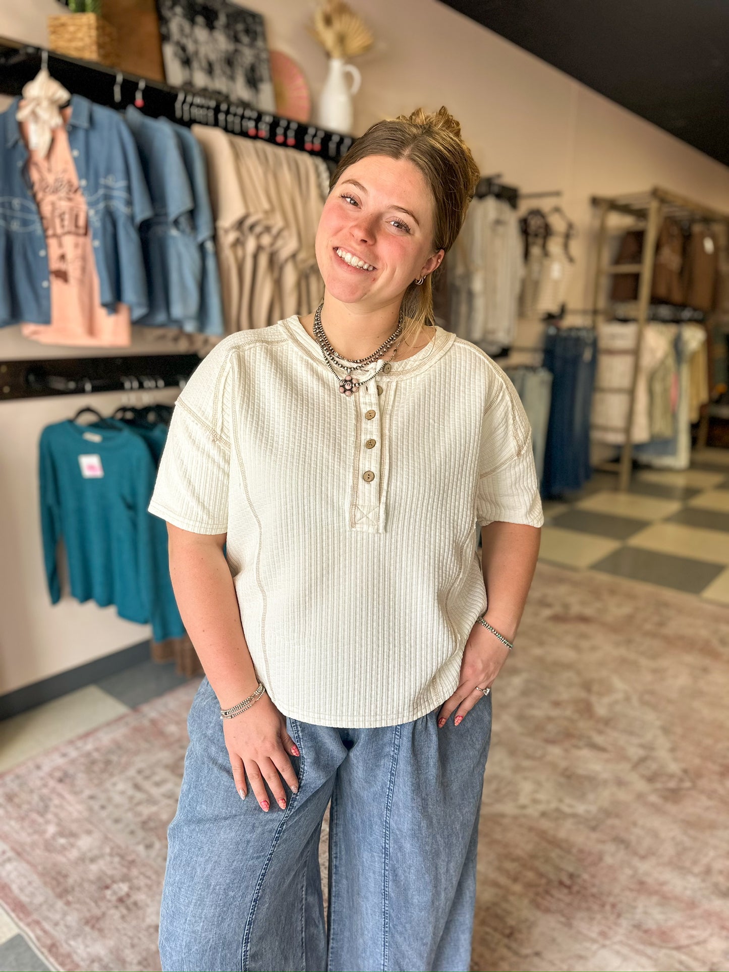 Textured Henley Knit Top