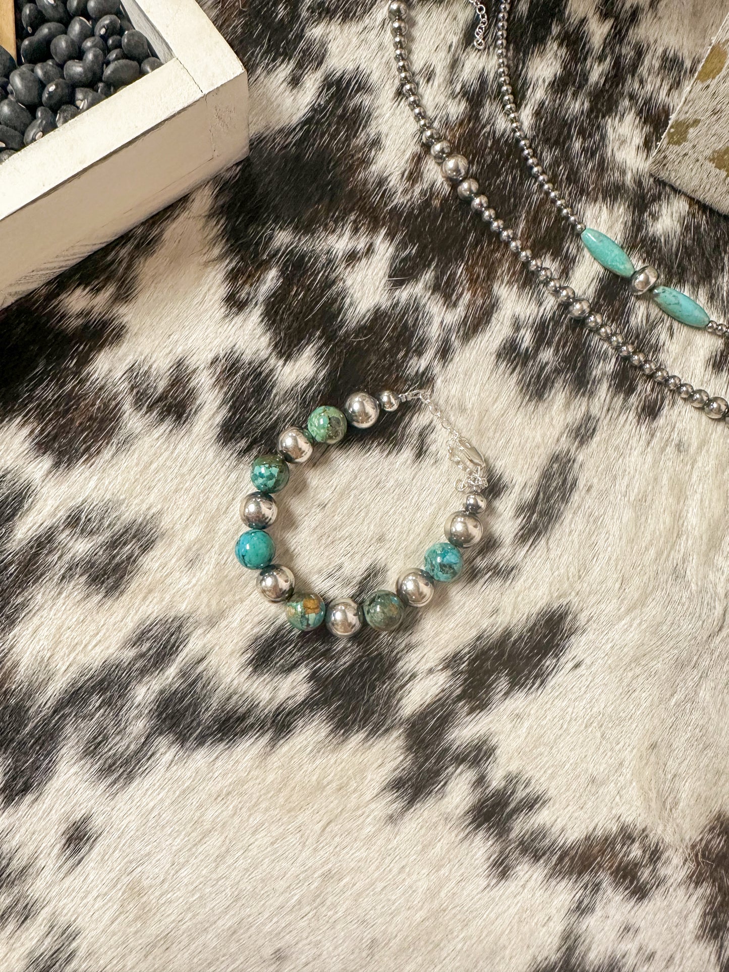 10 mm Sterling Silver Pearls and Turquoise Bracelet