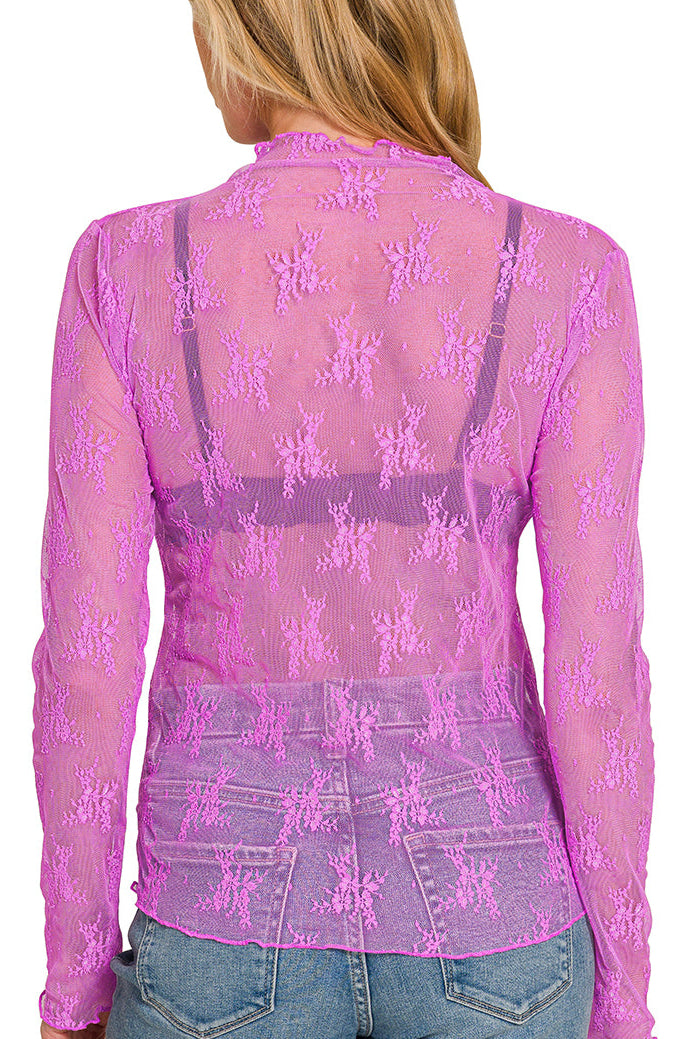 Bright Mauve Lace Mock Neck Long Sleeve Top