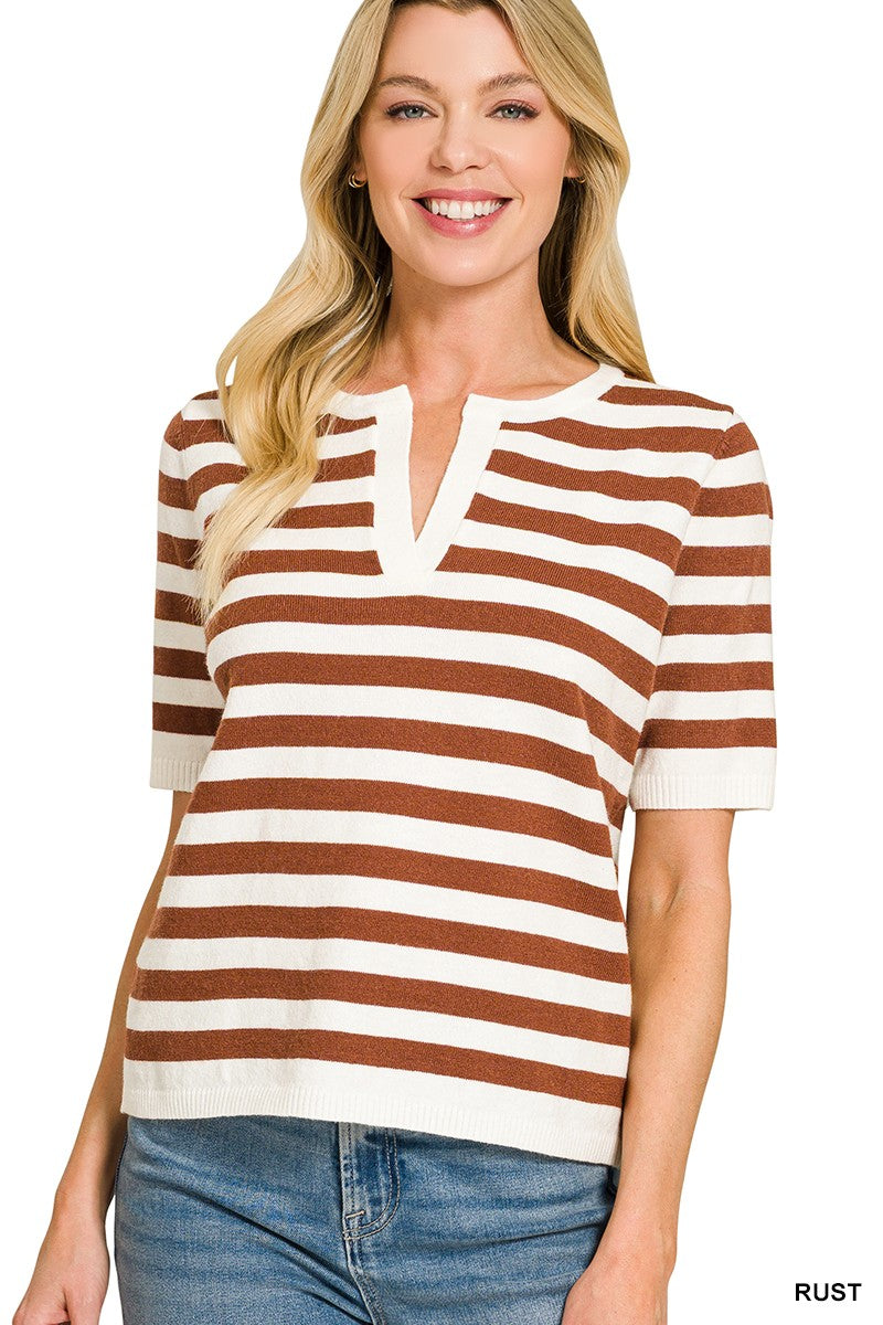 Rust Split Neck Striped Sweater